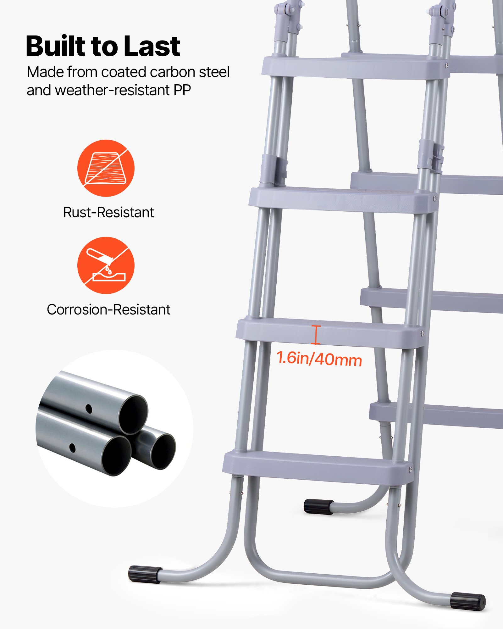 VEVOR Zwembadladder van koolstofstaal, draagvermogen 136 kg, A-frame instapladder, veiligheidsladder voor bovengrondse zwembaden met een diepte tot 132,1 cm, antislip instapladder met 4 treden, grijs