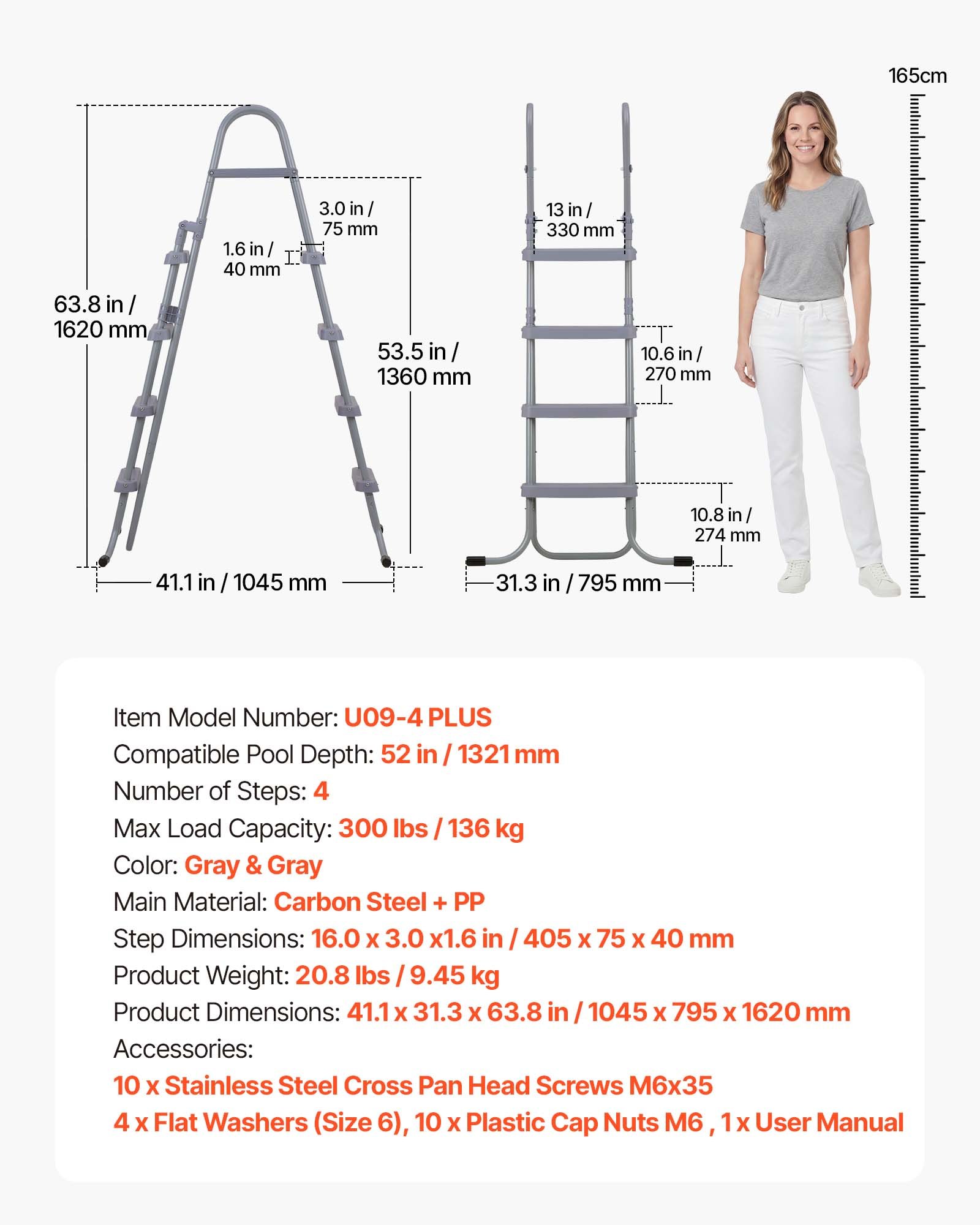 VEVOR Zwembadladder van koolstofstaal, draagvermogen 136 kg, A-frame instapladder, veiligheidsladder voor bovengrondse zwembaden met een diepte tot 132,1 cm, antislip instapladder met 4 treden, grijs