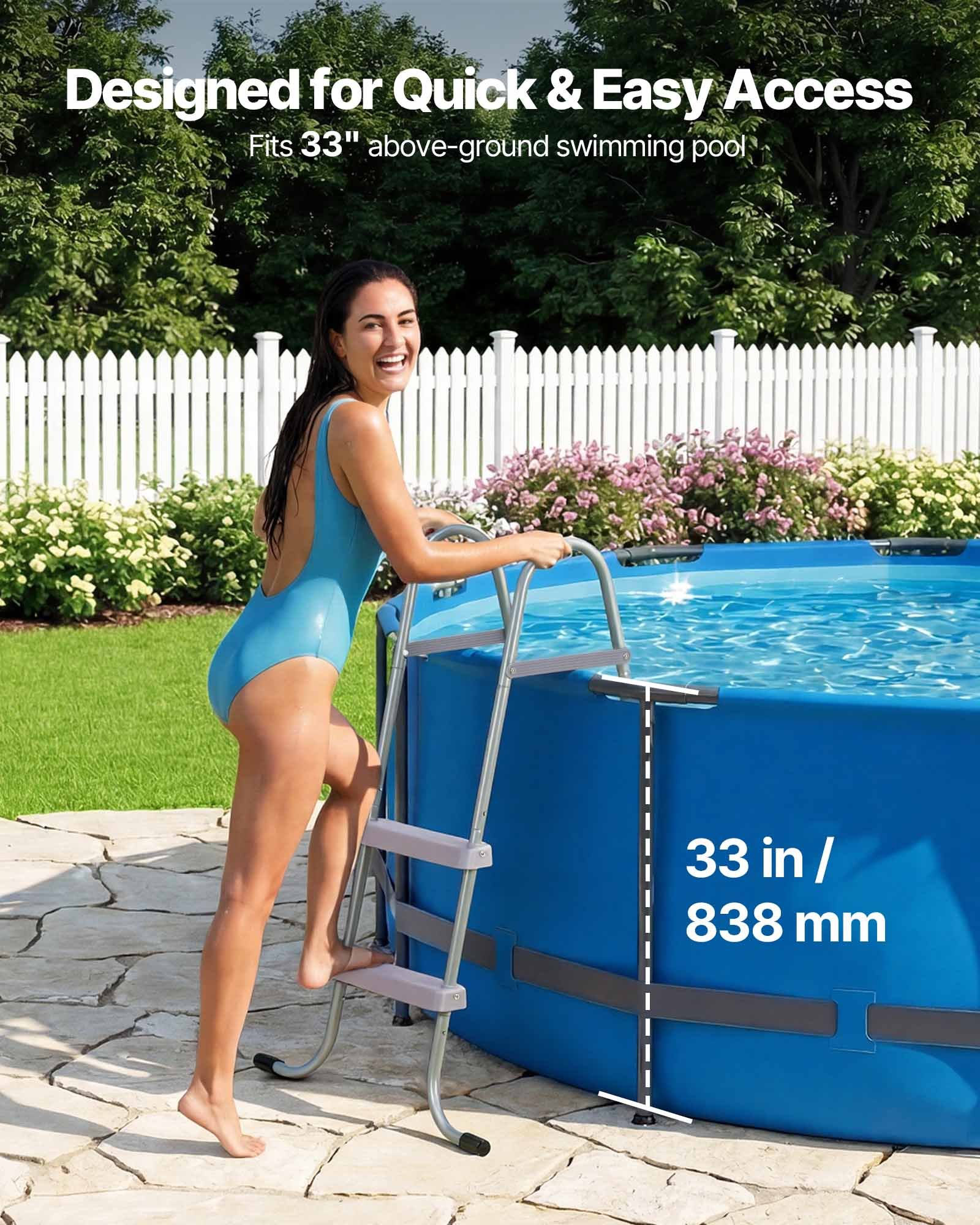 VEVOR Zwembadtrap van koolstofstaal, draagvermogen 136 kg, instaptrap met A-frame, veiligheidstrap voor bovengrondse zwembaden met een diepte tot 838 mm, instaphulp met antislip treden (2 stuks), grijs