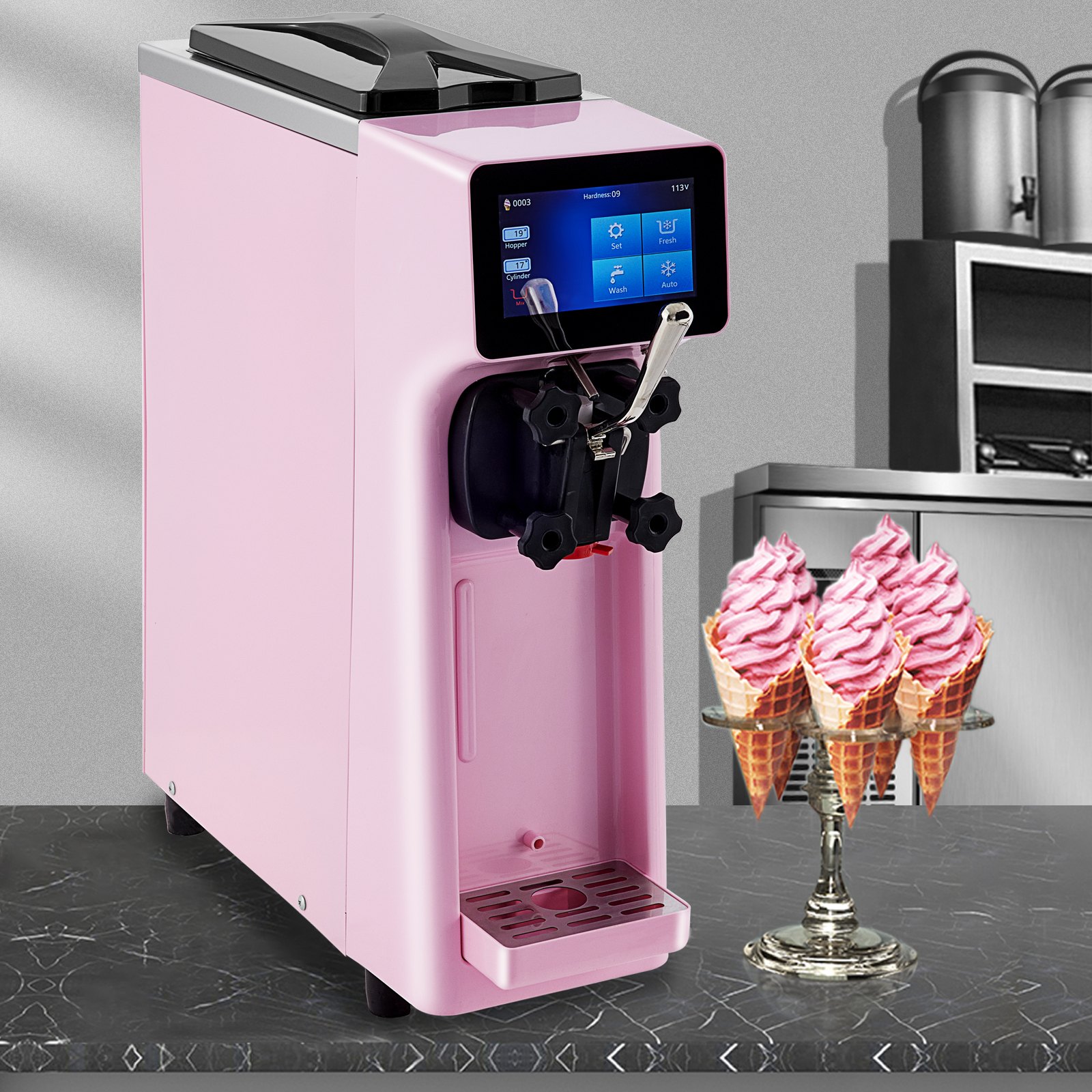 VEVOR Commerciële Softijsmachine Ijsmachine 1000W Soft Serve Ijsmachine Roze Aanrecht Softijsmachine met Extra Groot Aanraakscherm en Isolatie-effect voor het Serveren van Zachte Soorten Ijs Custard