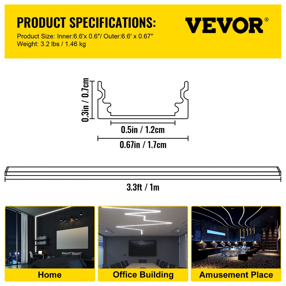 Vevor Led Aluminium Kanaal Led Aluminium Profiel 1,46 Kg Led Strip Kanaal 1 M