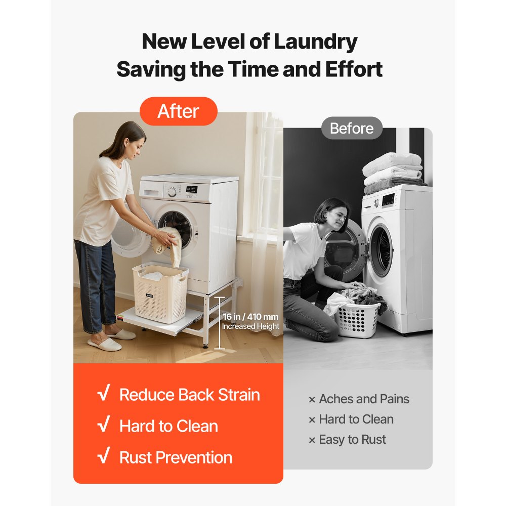 VEVOR Laundry Pedestal, 16 in Height, Washer and Dryer Pedestals with Pull-out Tray, 700 lbs Weight Load Capacity, Non-Slip Feet, Heavy-duty Steel Washing Machine Stand Universal Fit, White