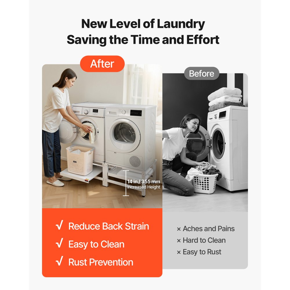 VEVOR Wasmachineonderstel 355 mm hoog, Wasmachineverhoger met uitschuifbaar schap, Draagvermogen van 318 kg, Antislipvoetjes, Wasdrogeronderstel, Sokkel, Universeel compatibel, Wit, 2-pack