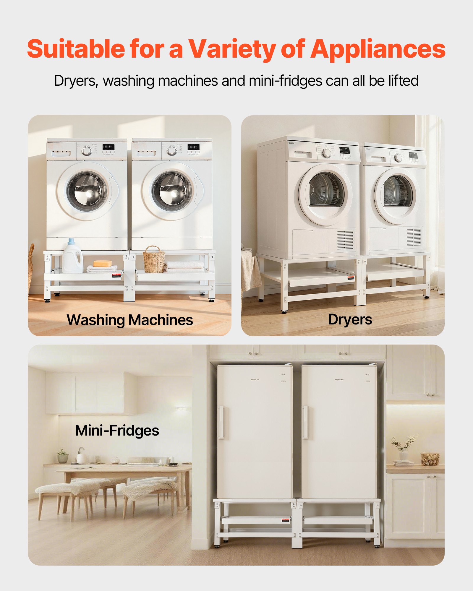 VEVOR Wasmachineonderstel 355 mm hoog, Wasmachineverhoger met uitschuifbaar schap, Draagvermogen van 318 kg, Antislipvoetjes, Wasdrogeronderstel, Sokkel, Universeel compatibel, Wit, 2-pack