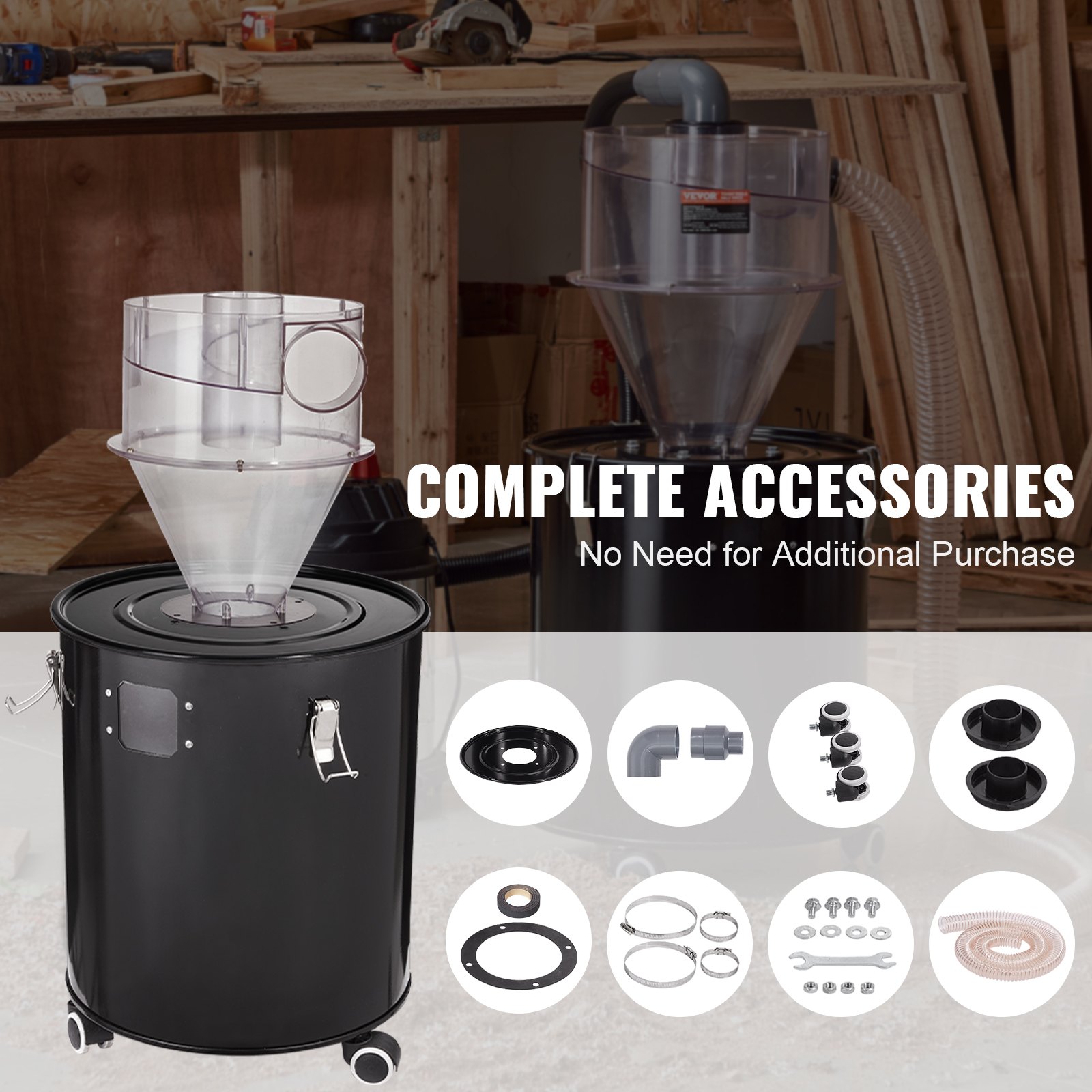 VEVOR Cyclone stofafscheider met metalen tank, 4-inch retrofit cyclone stofafscheider, ABS stofafscheider met 2-inch gat OD aansluiting en slang voor nat/droog stofzuigers, past op 13,21-gallon tank