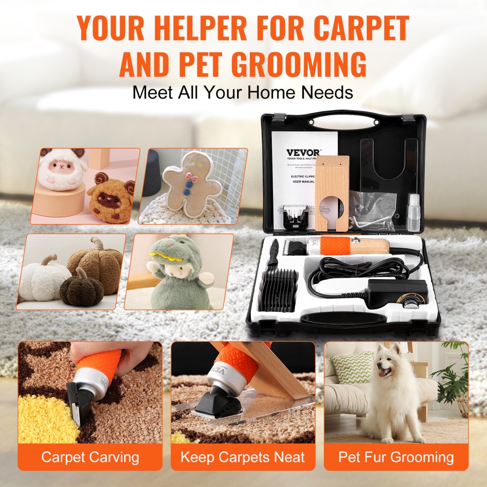 VEVOR Carpet Trimmer with Shearing Guide, 200W Electric Speed Adjustable Rug Carver, Tufting Shears with 2 Blades, Wooden Handle Carpet Carving Clippers for Handmade Rug Cleaning and Tufted Rug