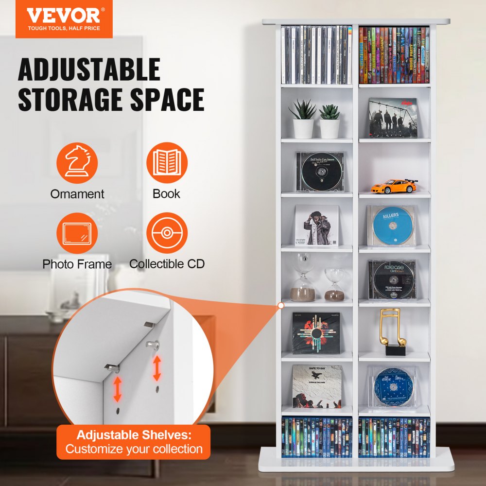 VEVOR Media-opbergkast, 8-laags dvd-rek voor maximaal 464 cd's, verstelbare cd-planken met 16 compartimenten, beschermt en organiseert muziek-, film-, videogame- of memorabiliacollecties, wit