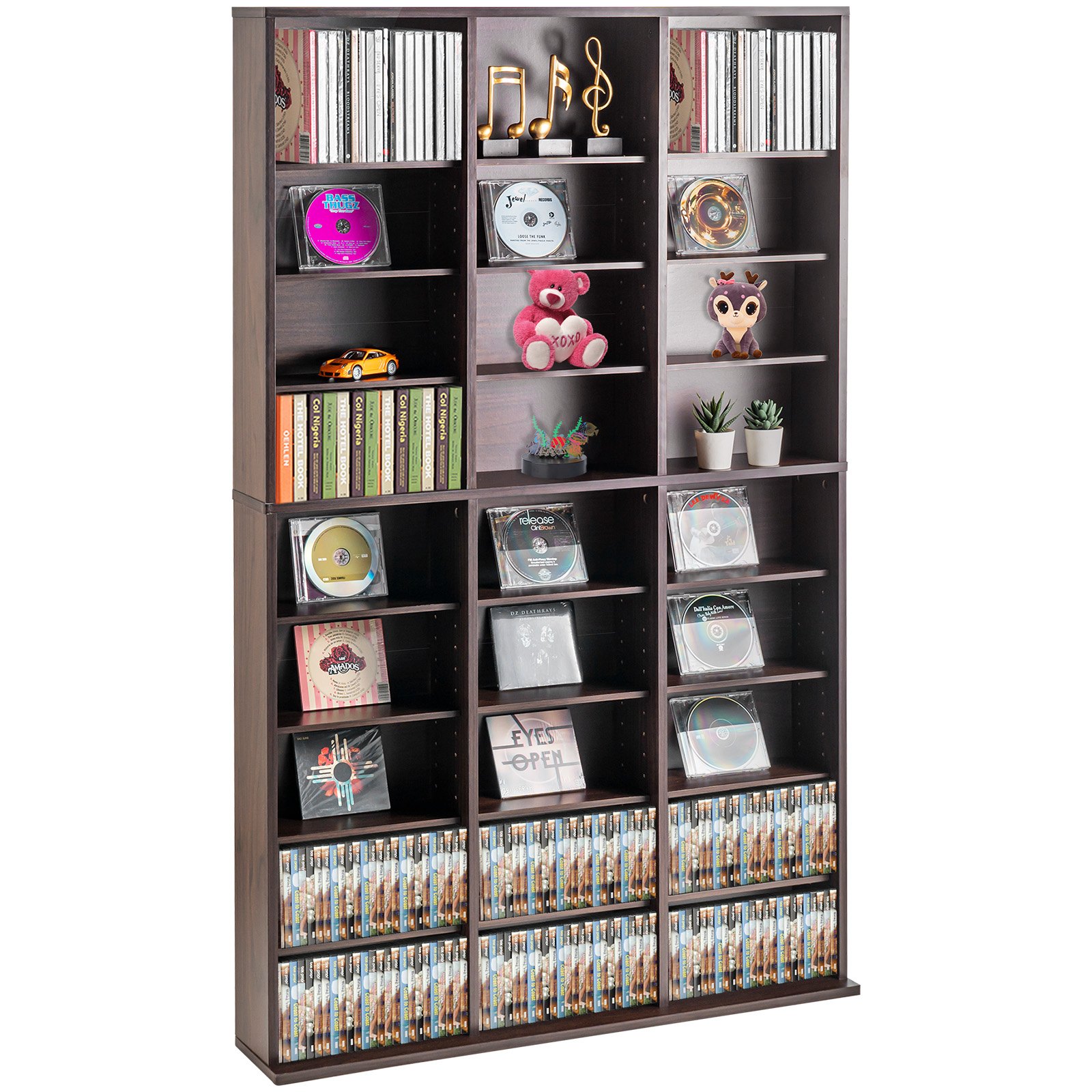 VEVOR Media-opbergkast, 9-laags dvd-rek voor maximaal 756 cd's, verstelbare cd-planken met 27 compartimenten, beschermt en organiseert muziek-, film-, videogame- of memorabiliacollecties, espresso