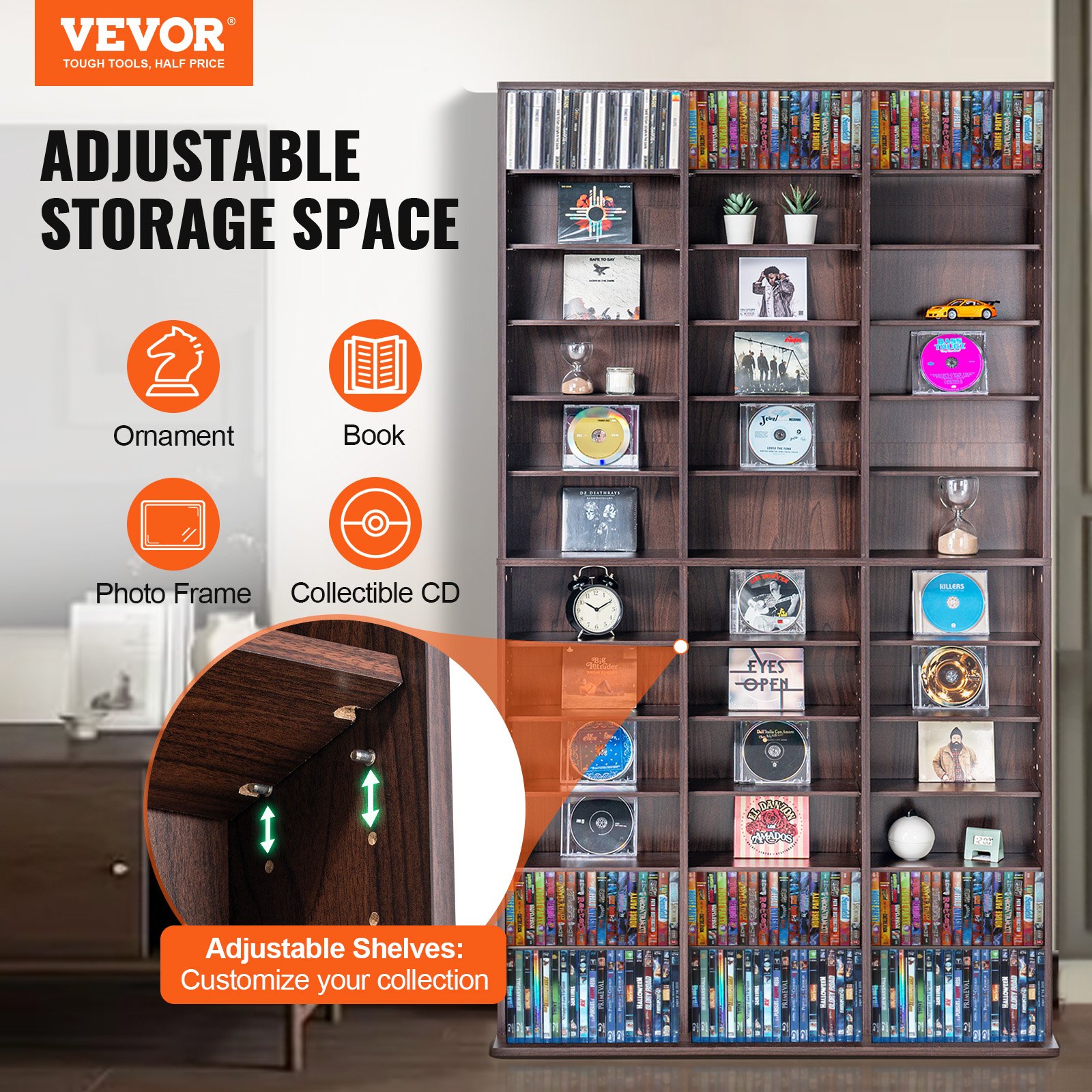 VEVOR Media Storage Cabinet, Adjustable DVD Cabinet, CD Storage Holds up to 1080 CDs, Protects & Organizes Music, Movie, Video Games or Memorabilia Collections-Espresso