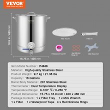 VEVOR Stainless Steel Kettle, 16 GALLON Brewing Pot, Tri Ply Bottom for Beer, Brew Kettle Pot, Home Brewing Supplies Includes Lid, Handle, Thermometer, Ball Valve Spigot, Filter, Filter Tray