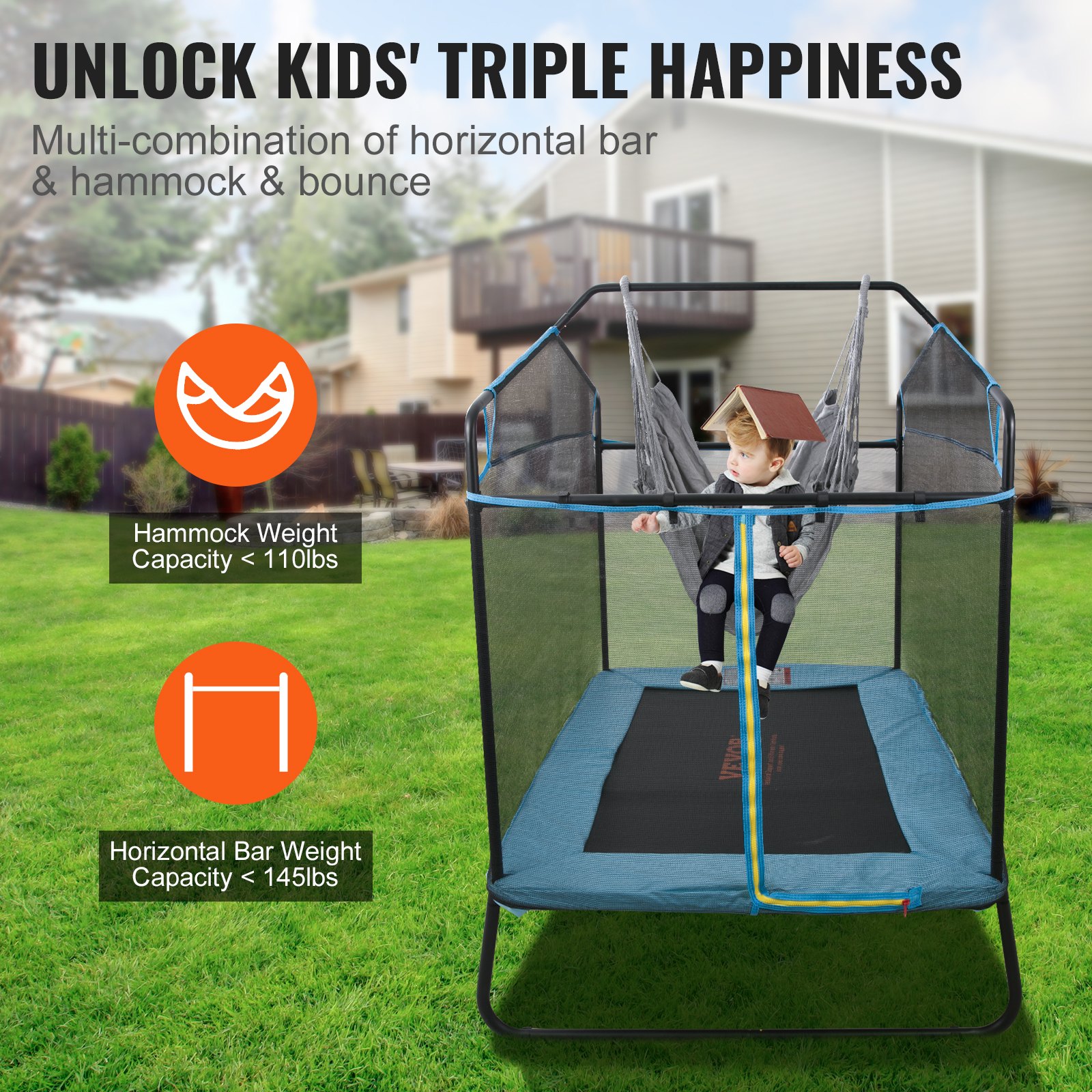 VEVOR Trampolines voor kinderen, binnen/buiten peutertrampolines, 175x126x165cm mini-babytrampoline met veiligheidsnet, gymnastiekbar, hangmat, vrijetijdstrampoline, verjaardagscadeau