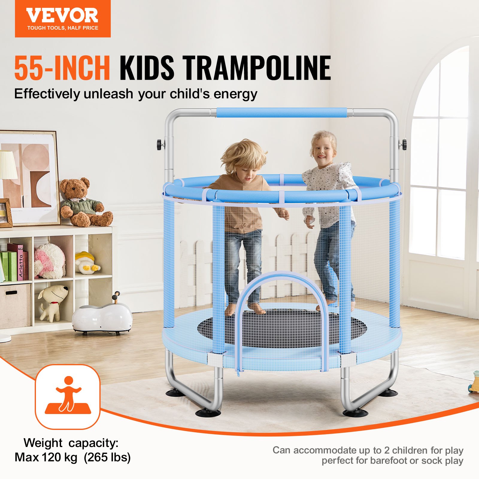VEVOR Kindertrampoline Mini Leisure Trampoline 147 cm voor peuters met veiligheidsnet en basketbalring, verjaardagscadeau kerstspeelgoed voor kinderen vanaf 3 jaar blauw