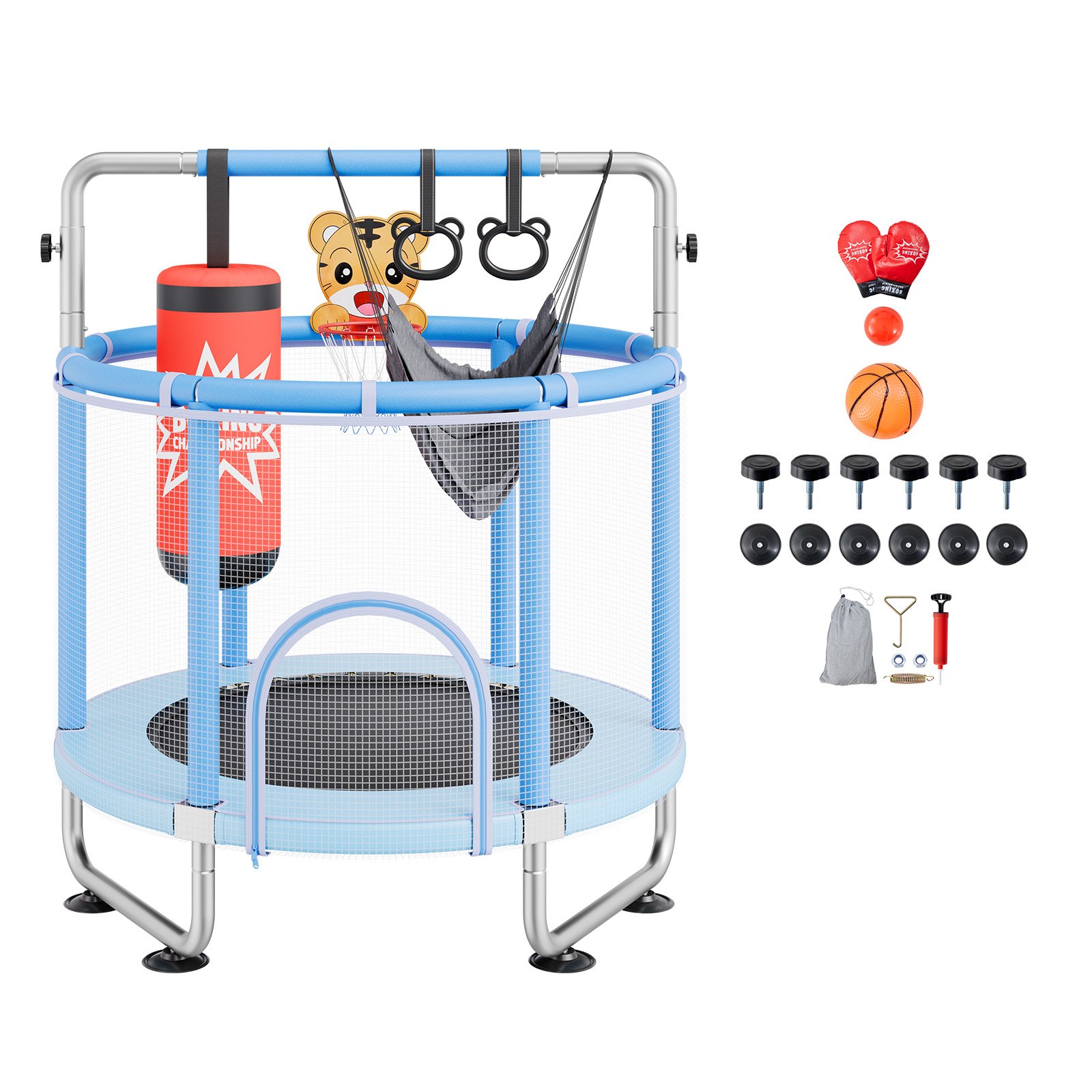 VEVOR Kindertrampoline Mini Leisure Trampoline 147 cm voor peuters met veiligheidsnet en basketbalring, verjaardagscadeau kerstspeelgoed voor kinderen vanaf 3 jaar blauw