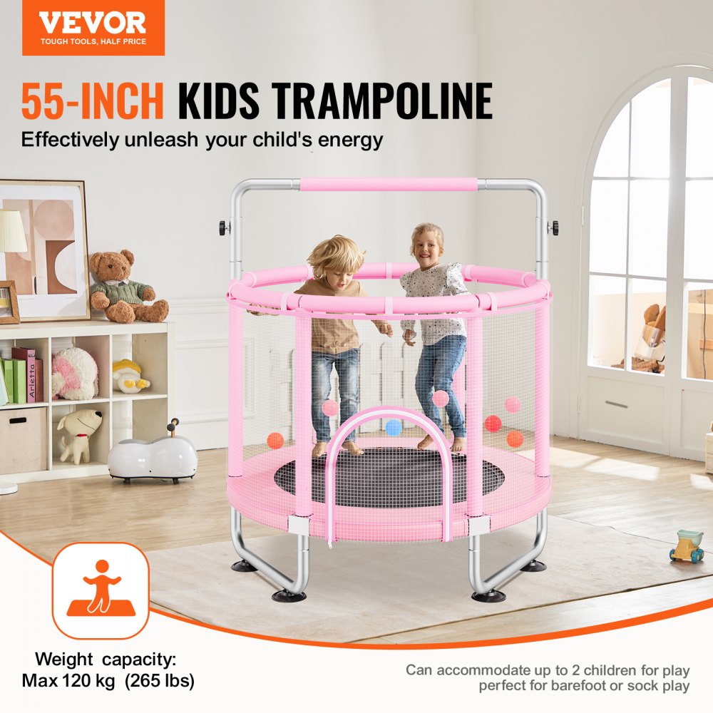 VEVOR Kindertrampoline Mini Leisure Trampoline 147 cm voor peuters Verstelbaar met Veiligheidsnet & Basketbalring, Verjaardagscadeau Kerstspeelgoed voor kinderen vanaf 3 jaar Roze