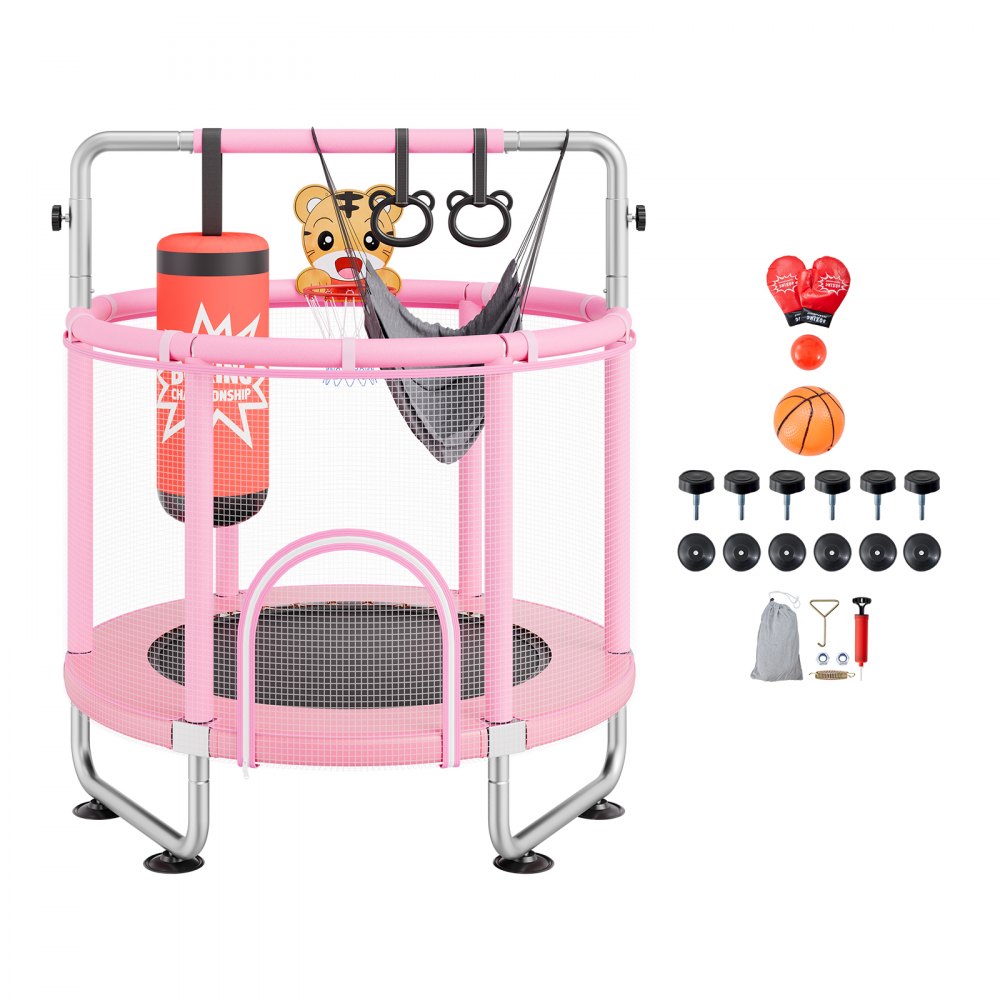 VEVOR Kindertrampoline Mini Leisure Trampoline 147 cm voor peuters Verstelbaar met Veiligheidsnet & Basketbalring, Verjaardagscadeau Kerstspeelgoed voor kinderen vanaf 3 jaar Roze
