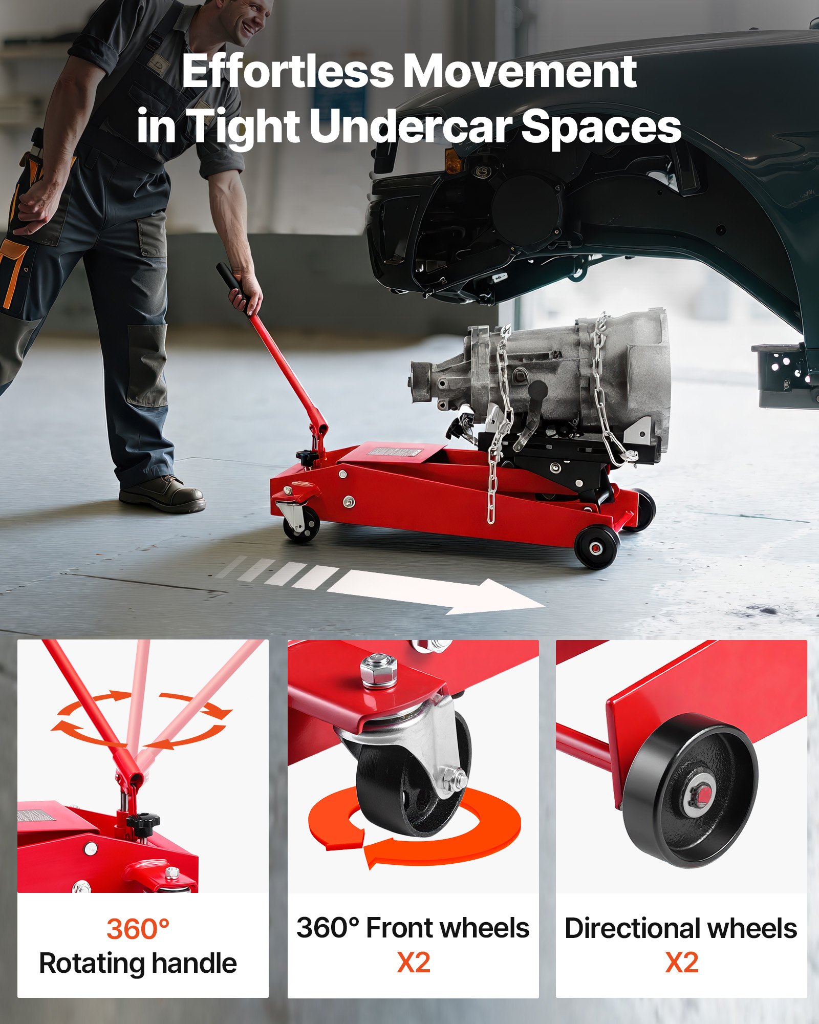 VEVOR Low Profile Floor Jack, 1000 lbs / 0.45 Ton Lifting Capacity Telescoping Transmission Floor Jack, 6.3-25.2 in Lifting Height, 360° Swivel Front wheels, Heavy-Duty Lift Hoist for Garage/Shop