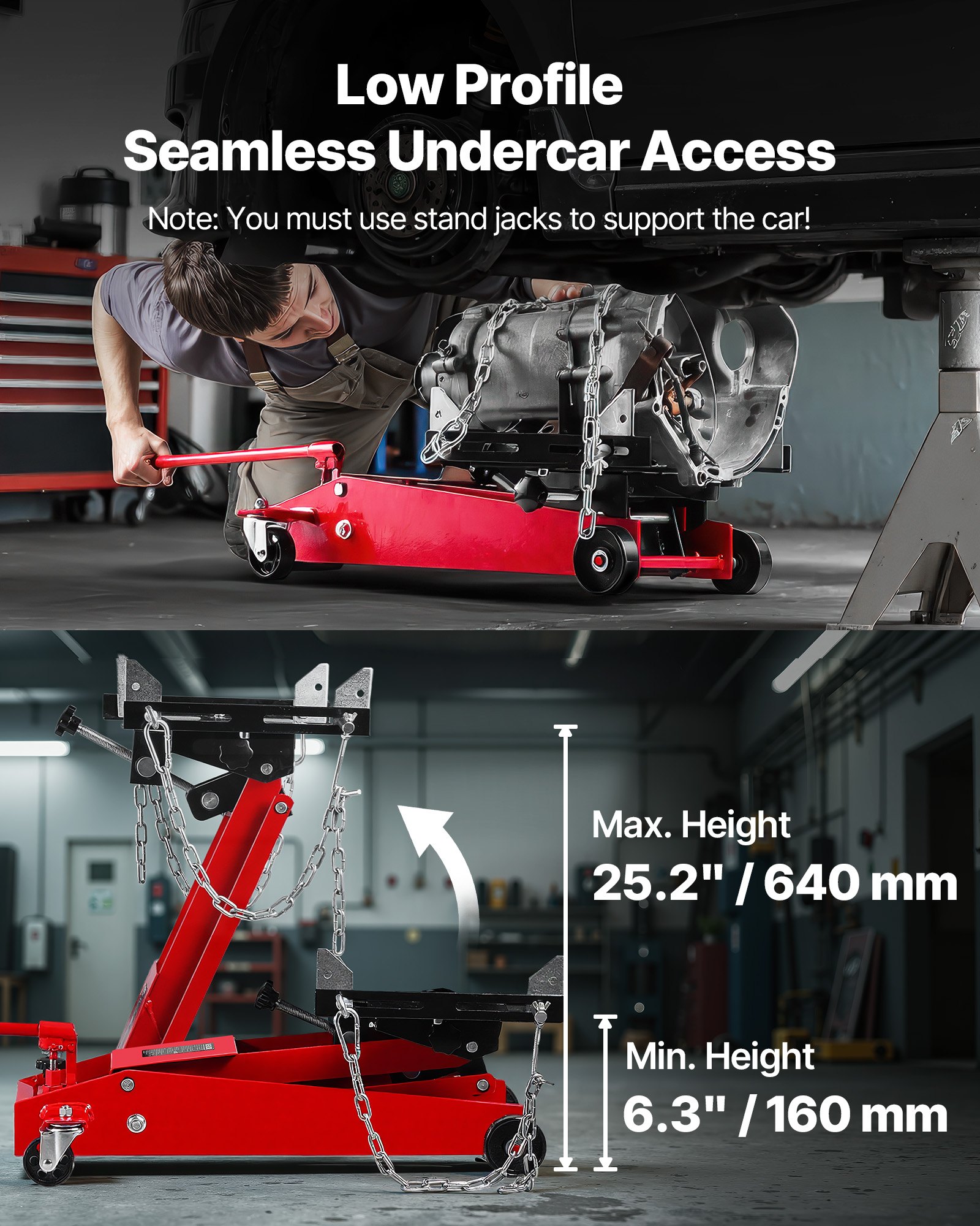 VEVOR Low Profile 450 kg hydraulische krik met hefhoogte van 16–64 cm en flexibele 360° zwenkwielen, zwaar uitgevoerd hefplatform voor garage/werkplaats, rood
