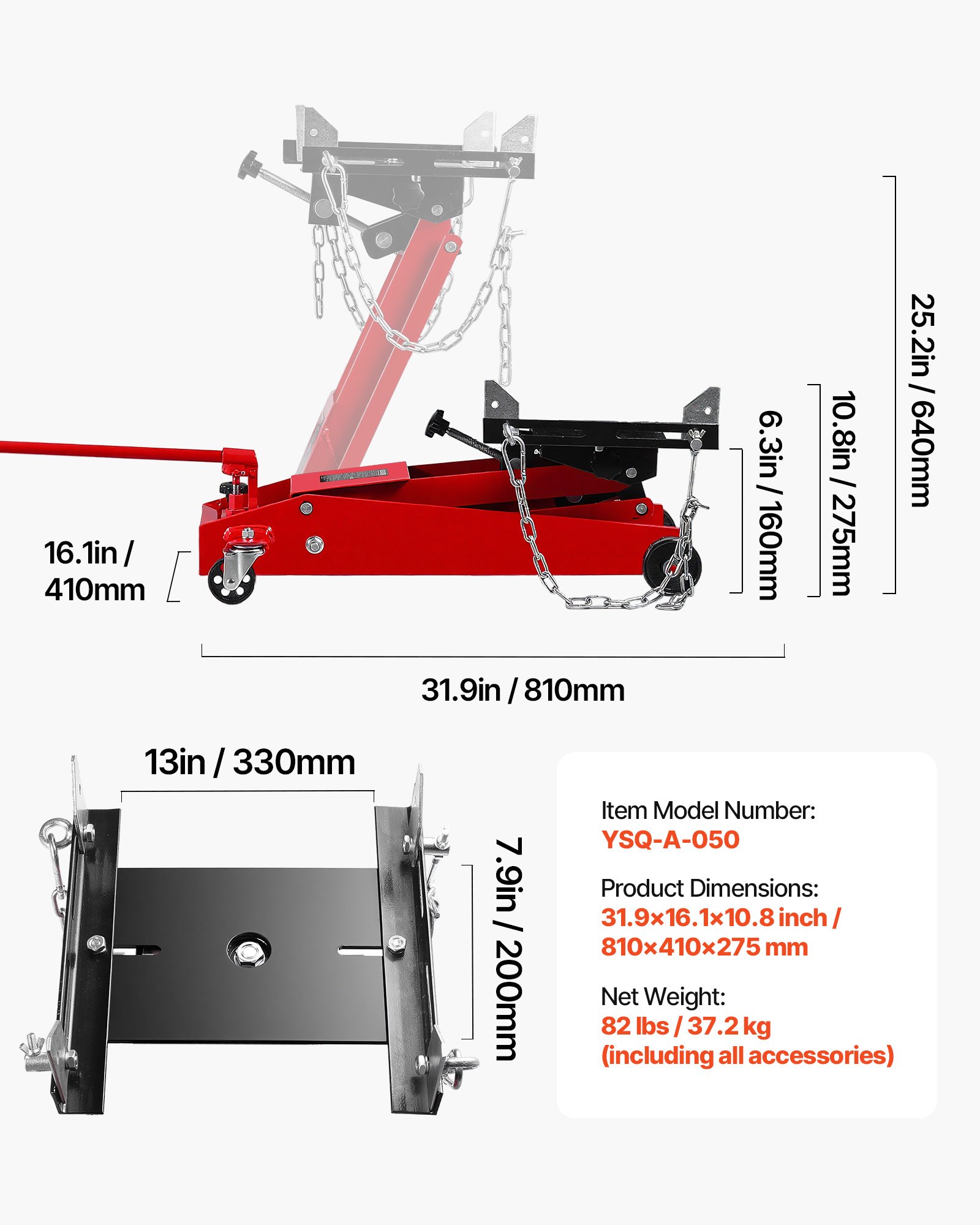 VEVOR Low Profile 450 kg hydraulische krik met hefhoogte van 16–64 cm en flexibele 360° zwenkwielen, zwaar uitgevoerd hefplatform voor garage/werkplaats, rood