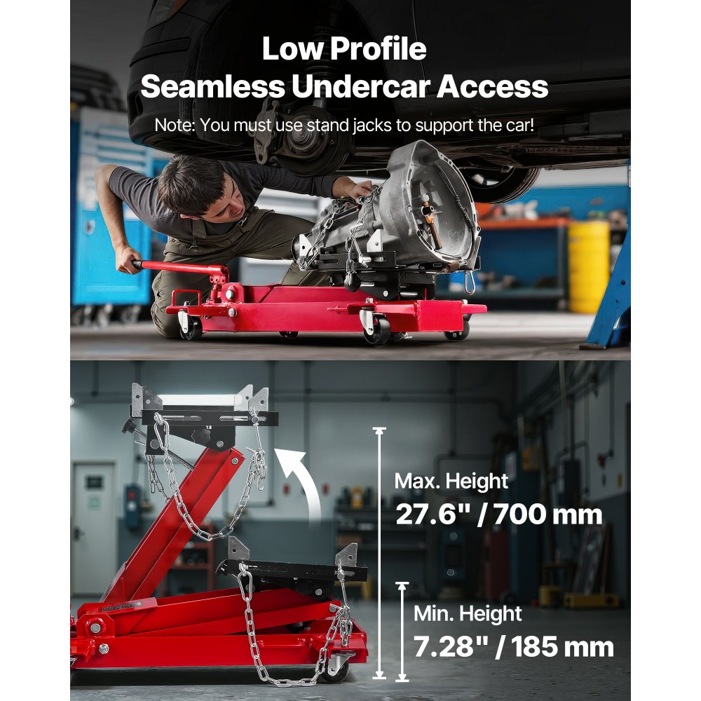 VEVOR Low Profile 1T hydraulische krik met hefhoogte van 18,5–70 cm en flexibele 360° zwenkwielen, zwaar uitgevoerd hefplatform voor garage/werkplaats, rood