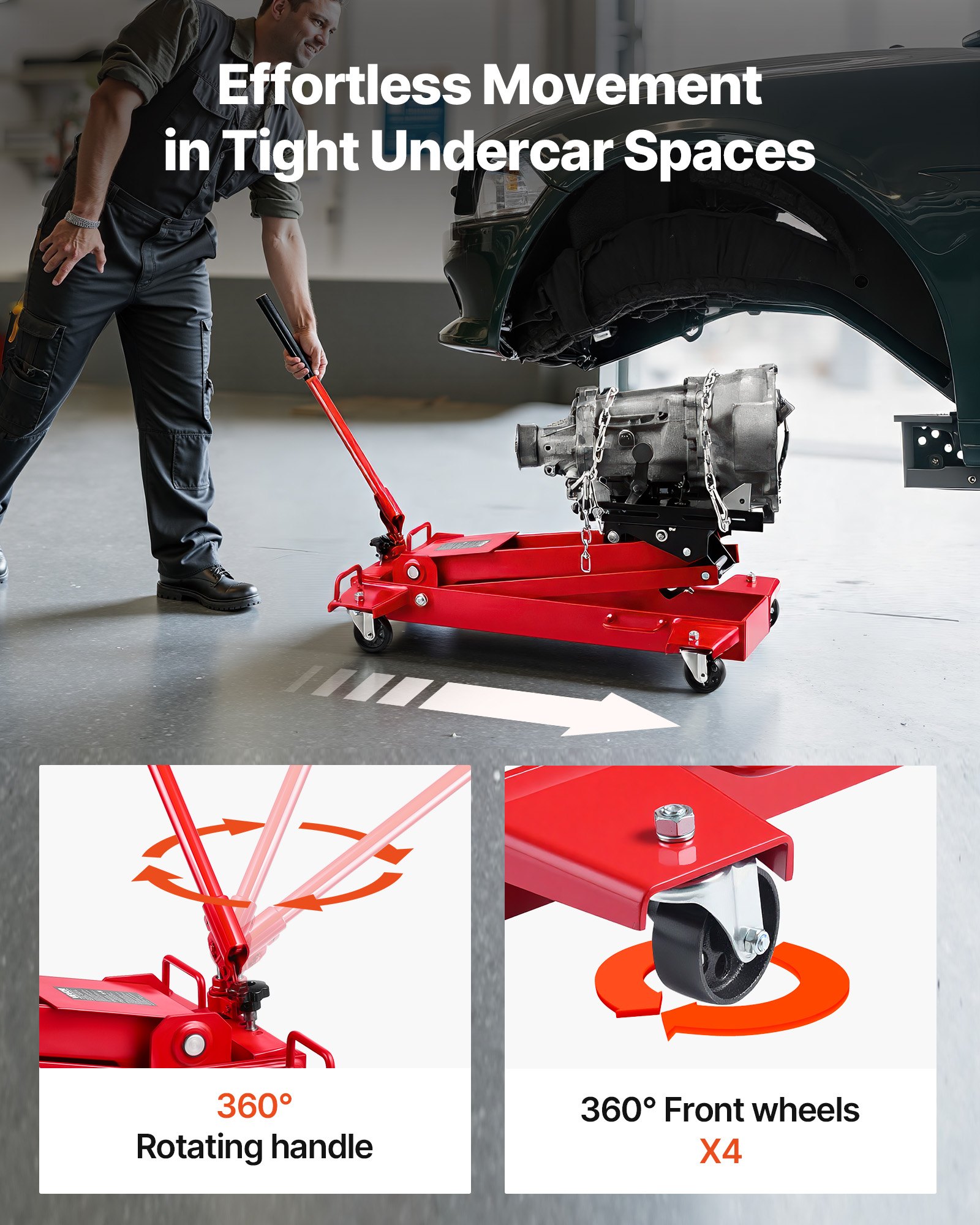 VEVOR Low Profile 1T hydraulische krik met hefhoogte van 18,5–70 cm en flexibele 360° zwenkwielen, zwaar uitgevoerd hefplatform voor garage/werkplaats, rood