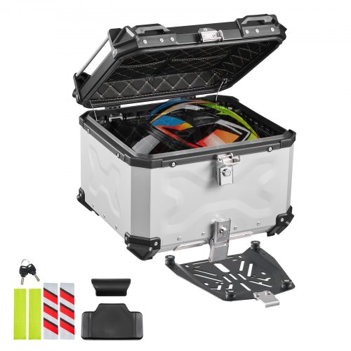 VEVOR Topcase Motorkoffer 55 L, Universele Achterkoffer Aluminium, Waterdichte Helmhoes, Afneembaar, met Veiligheidsslot, Reflecterende Strips, Harde Schaal en Lederen Voering voor Helmopslag