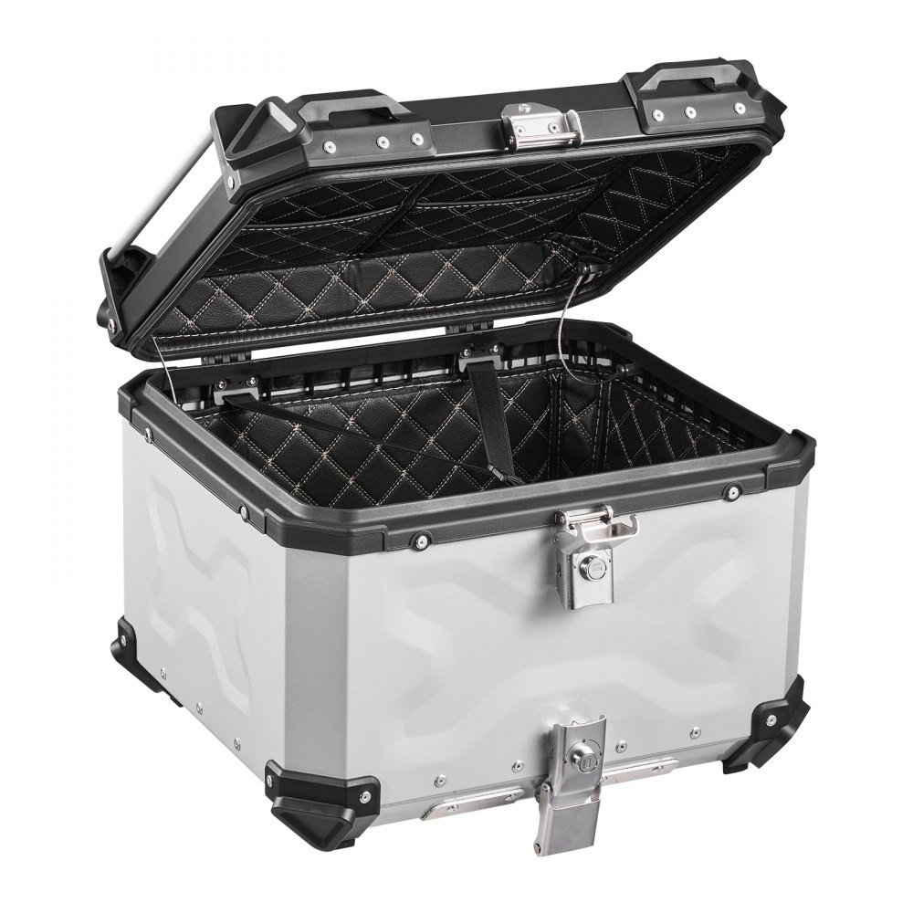 VEVOR Topcase Motorkoffer 55 L, Universele Achterkoffer Aluminium, Waterdichte Helmhoes, Afneembaar, met Veiligheidsslot, Reflecterende Strips, Harde Schaal en Lederen Voering voor Helmopslag