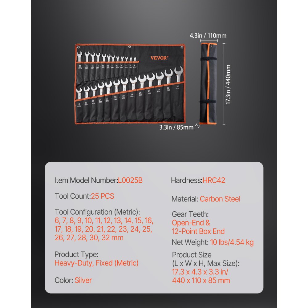 VEVOR Combination Wrench Set, 25-Piece Open End Wrench Set with Roll-up Pouch, Carbon Steel Wrench Set  Metric 6 mm to 32 mm, Ideal for General Household, Garage, Workshop, Auto Repairs, Emergency