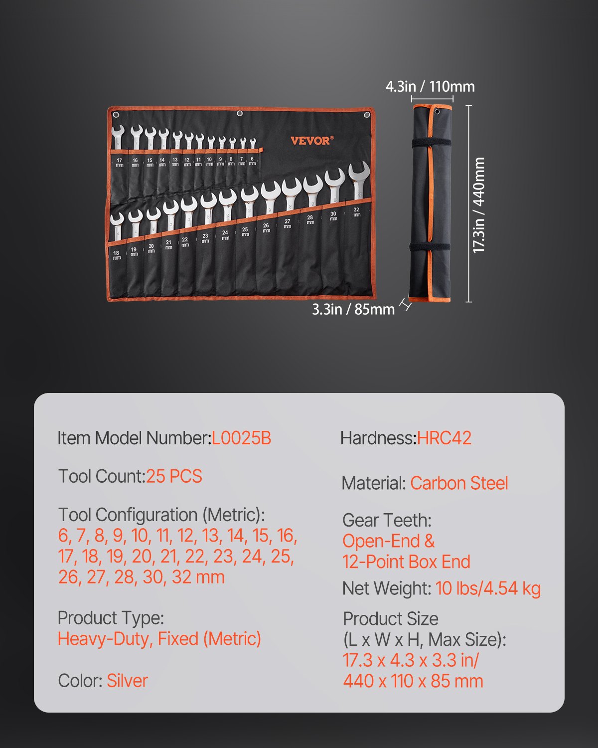 VEVOR Combination Wrench Set, 25-Piece Open End Wrench Set with Roll-up Pouch, Carbon Steel Wrench Set  Metric 6 mm to 32 mm, Ideal for General Household, Garage, Workshop, Auto Repairs, Emergency