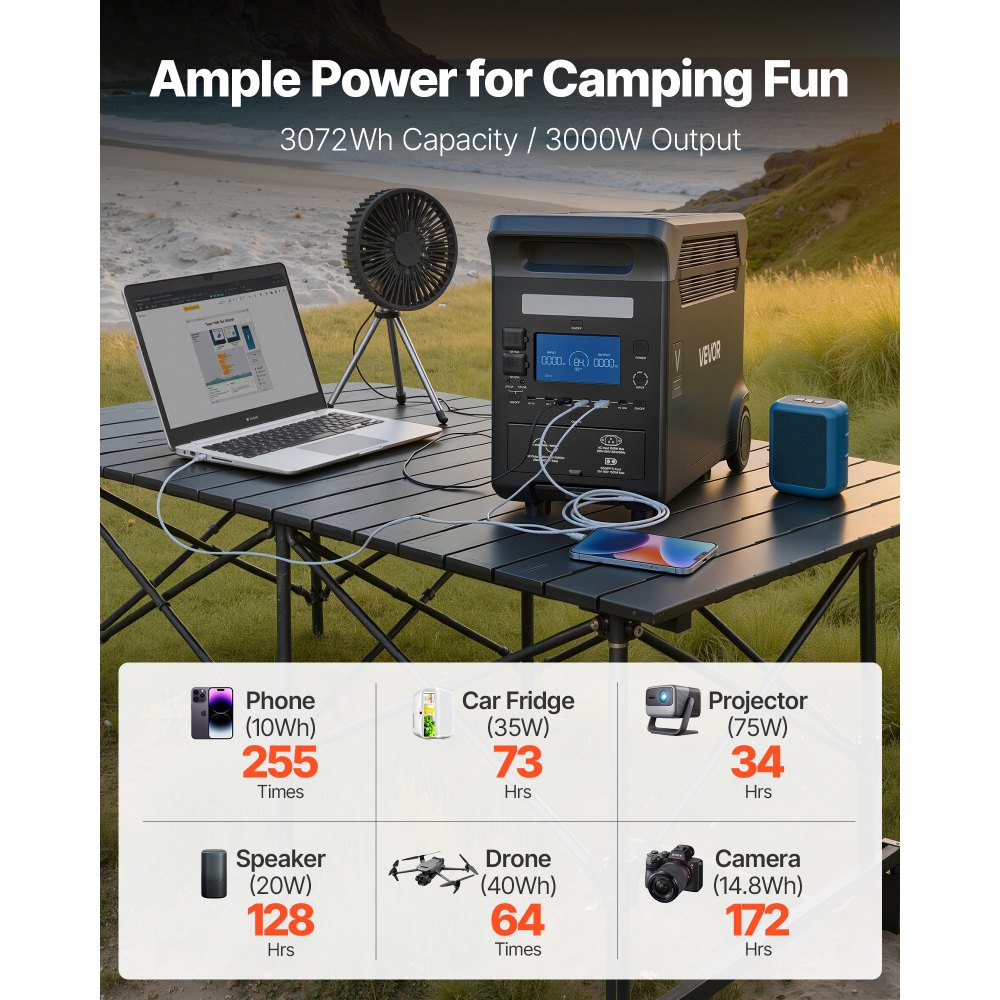 VEVOR draagbare stroomgenerator, 3000W zonnegenerator, 3072Wh LiFePO4-batterijback-up met 13 uitgangen voor noodgevallen thuis, kamperen in de buitenlucht en camperreizen (zonnepaneel NIET inbegrepen)