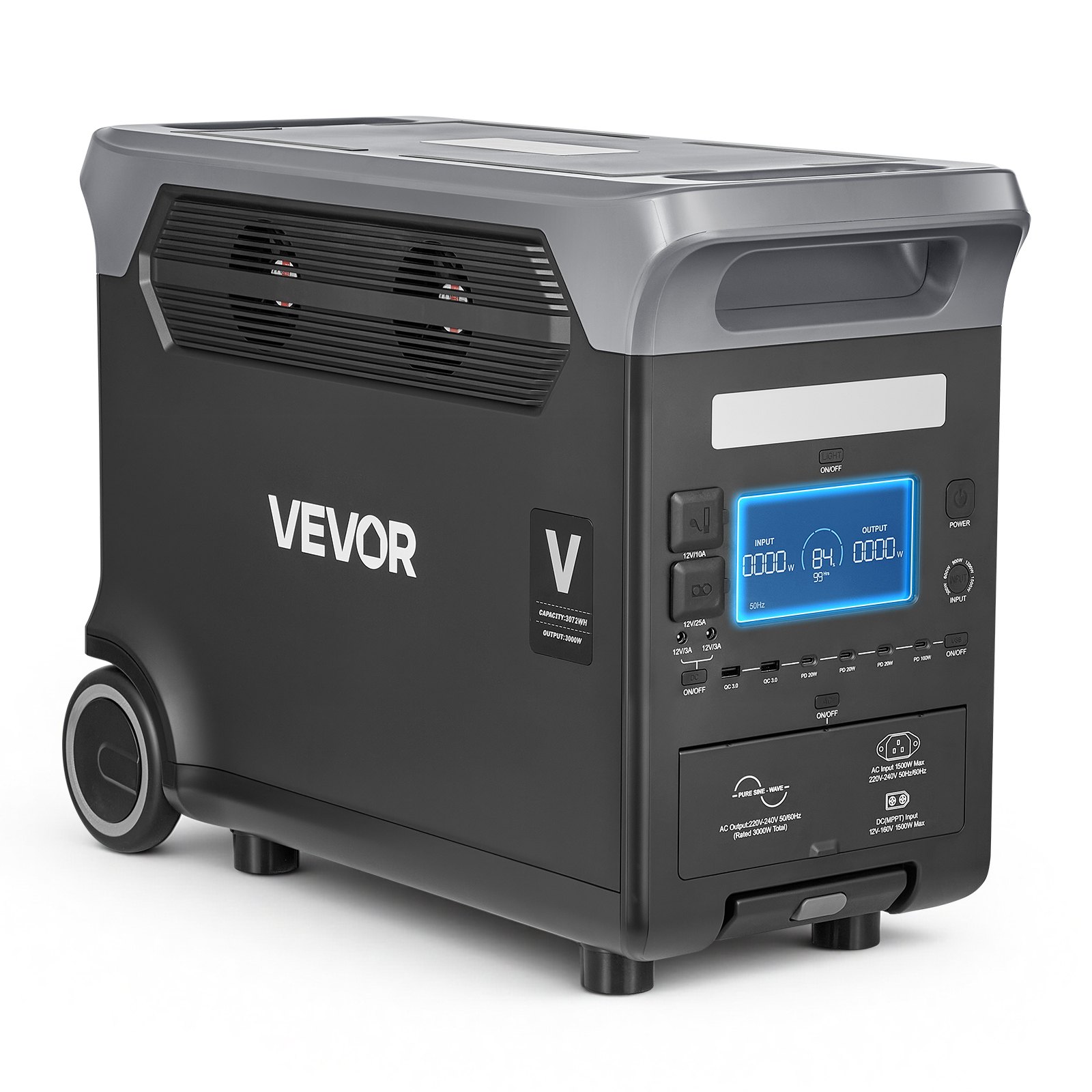 VEVOR draagbare stroomgenerator, 3000W zonnegenerator, 3072Wh LiFePO4-batterijback-up met 13 uitgangen voor noodgevallen thuis, kamperen in de buitenlucht en camperreizen (zonnepaneel NIET inbegrepen)
