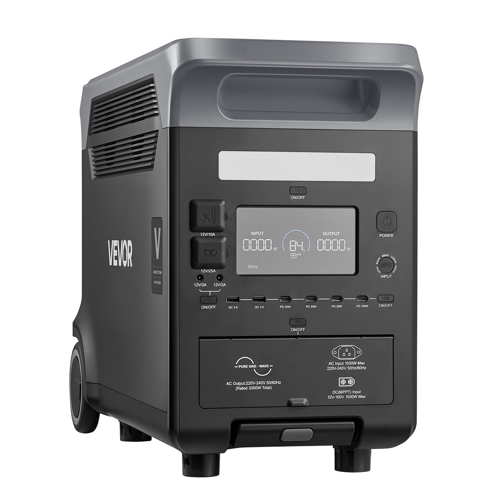 VEVOR draagbare stroomgenerator, 3000W zonnegenerator, 3072Wh LiFePO4-accu met 13 uitgangen voor noodgevallen thuis, kamperen en camperreizen (zonnepaneel NIET inbegrepen)