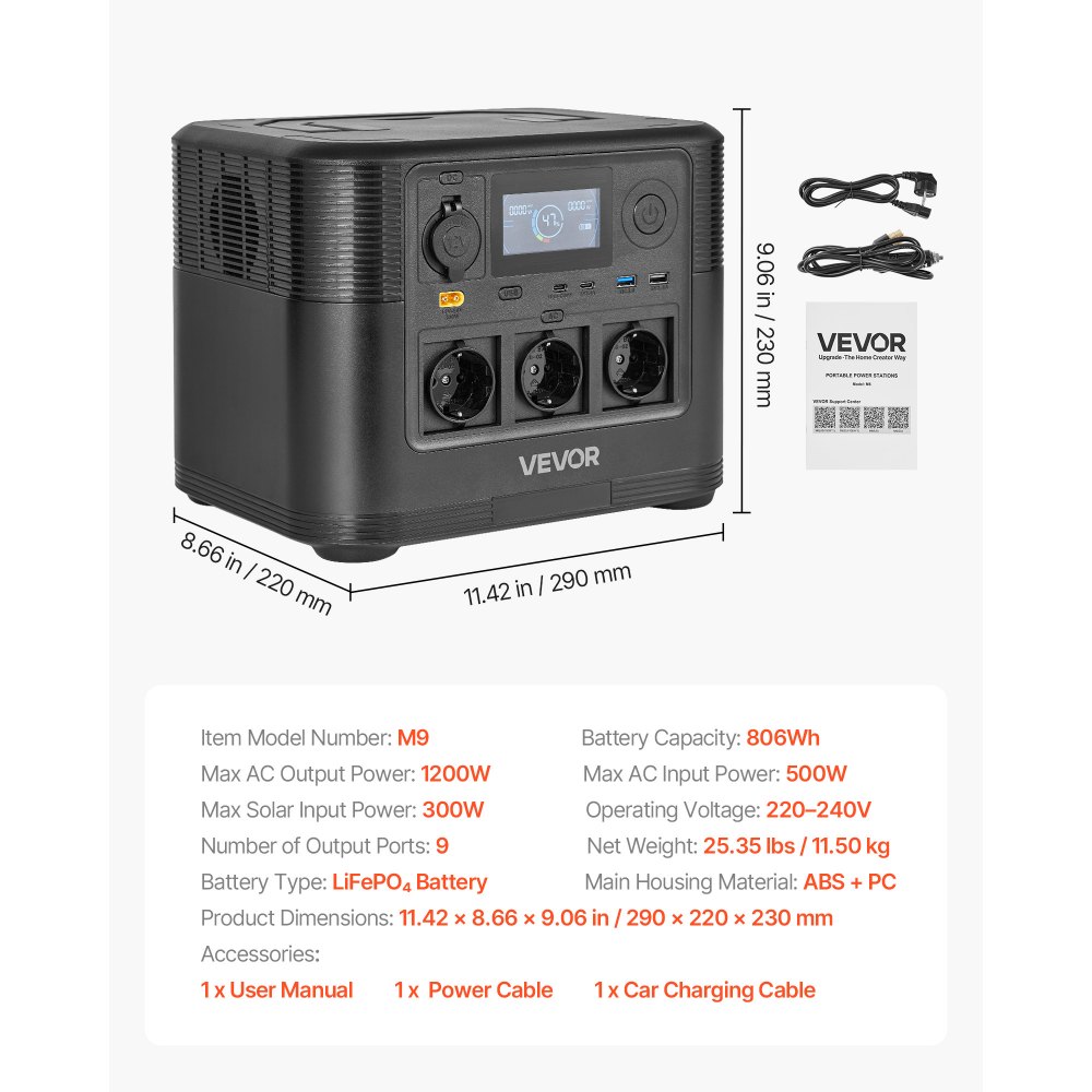 VEVOR draagbare stroomgenerator, 1200W zonnegenerator, 806Wh LiFePO4-accu met 9 uitgangen voor noodgevallen thuis, kamperen en camperreizen (zonnepaneel NIET inbegrepen)
