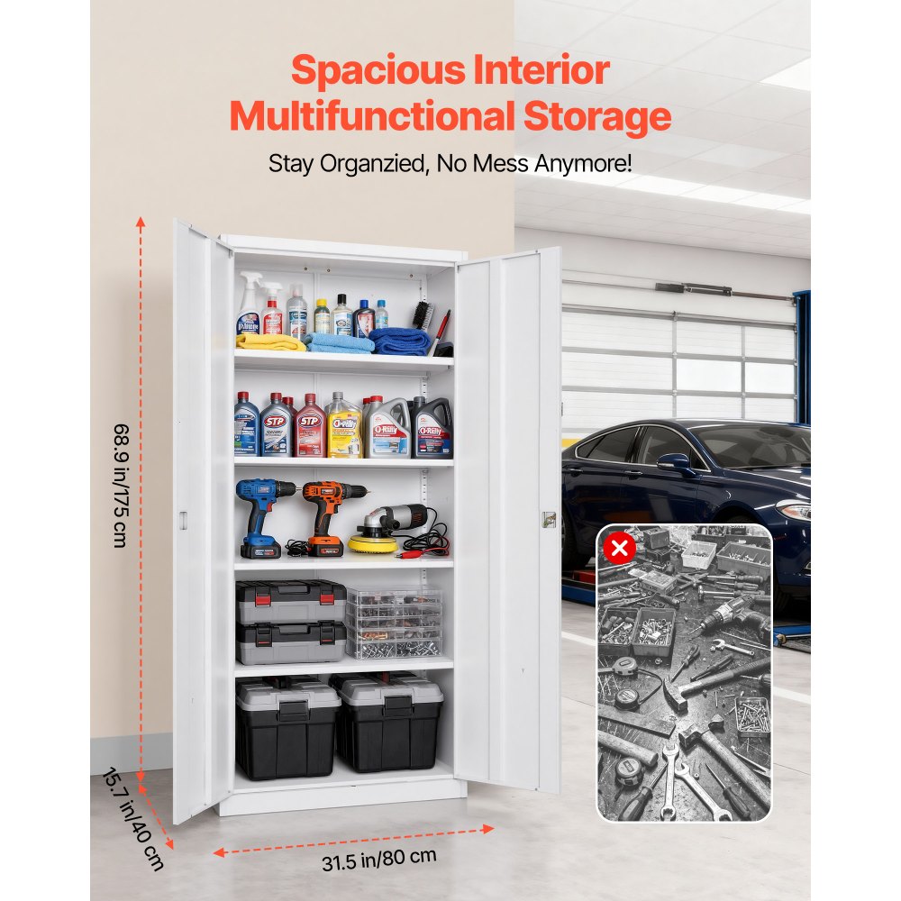 VEVOR Metal Storage Cabinet, 175 cm Lockable Steel Garage Cabinet with 4 Adjustable Shelves, 2 Magnetic Doors, 2 Keys, 5 Tiers Tool Storage for Pantry, Warehouse, Basement, Laundry, Office, White