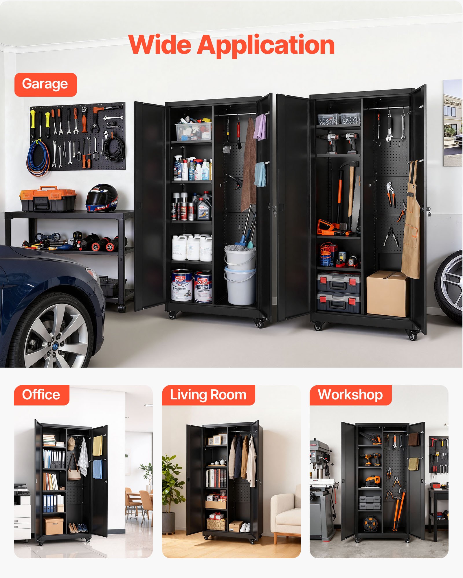 VEVOR Metal Storage Cabinet, 179.5 cm Rolling Steel Garage Cabinet with Adjustable Shelves, 2 Magnetic Doors, Hanging Rod & 3 Rod Hooks, 5 Tiers Lockable Tool Storage for Pantry, Warehouse, Basement