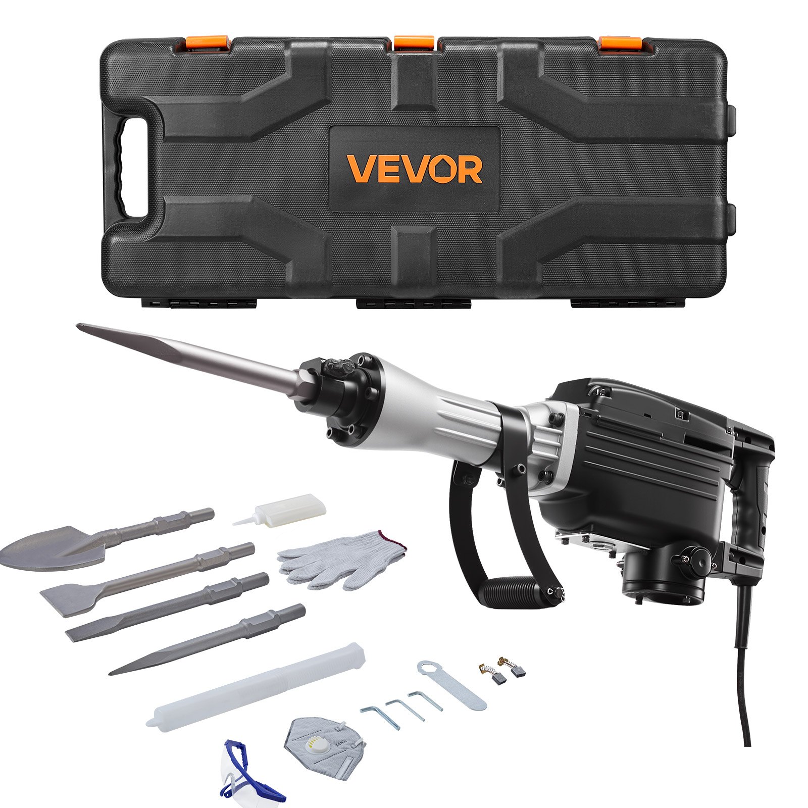 VEVOR elektrische sloophamer, betonhamer 2800 W, 1200 slagen per minuut, pneumatische hamer met 3 beitels, kleischep, handschoenen en veiligheidsbril, voor betonnen muren, bakstenen, tegels, funderingen, zwart