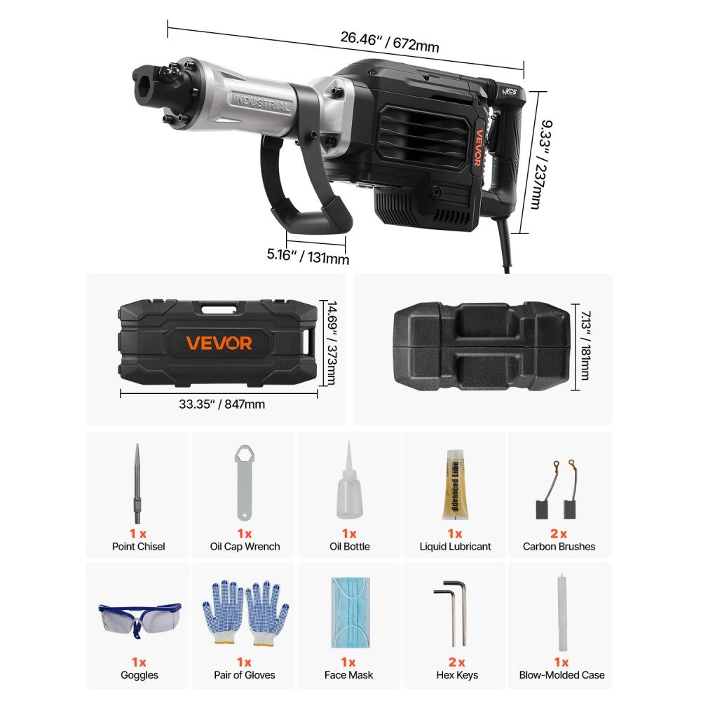 VEVOR Sloophamer 3000W Elektrische Betonhamer, 1700 BPM Drilboor met Puntbeitel & Draagtas & Handschoenen & Veiligheidsbril, voor Betonmuren, Bakstenen, Tegels, Funderingen Zwart