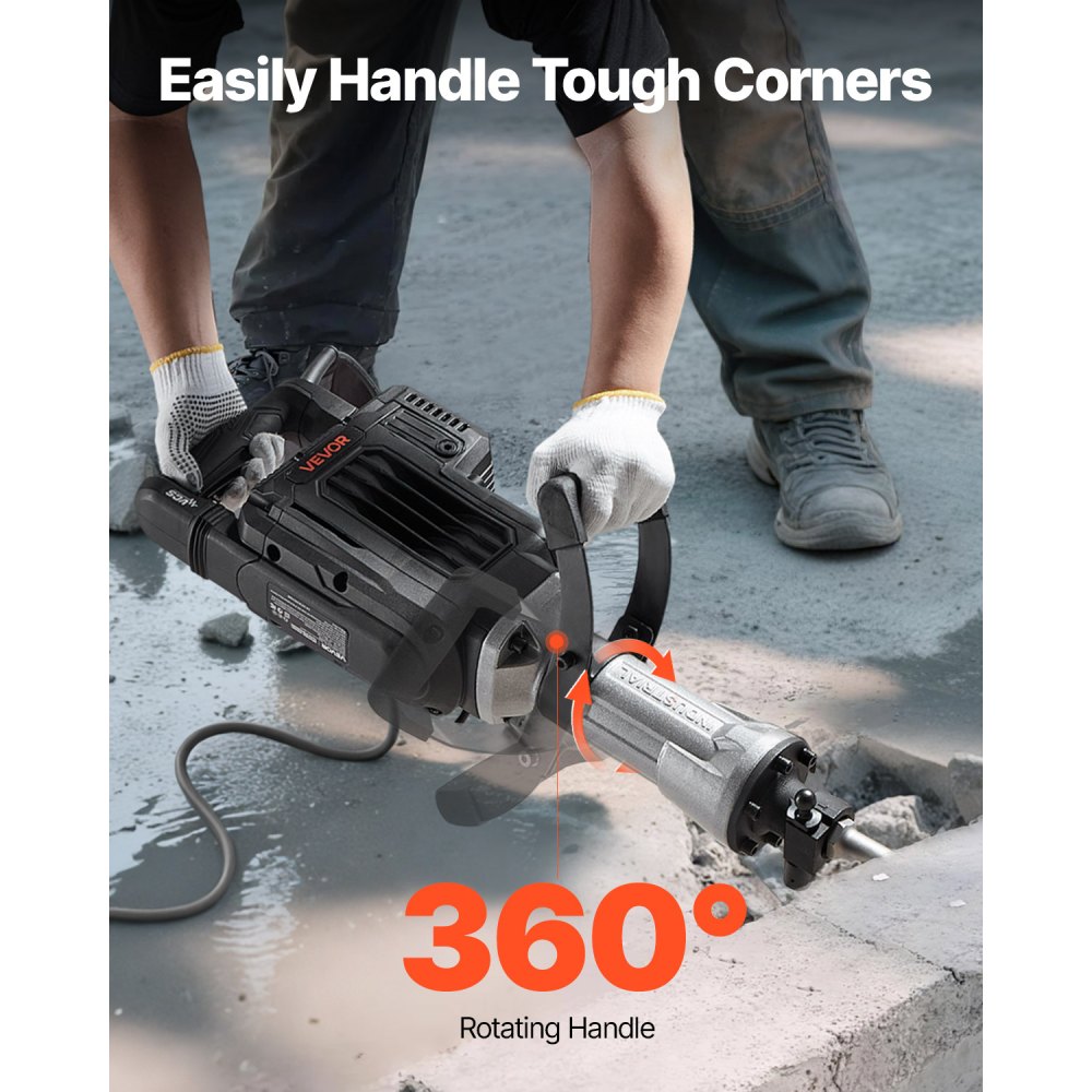 VEVOR sloophamer 3000 W elektrische betonhamer, 1700 slagen per minuut pneumatische hamer met puntbeitel, draagtas, handschoenen en veiligheidsbril, voor betonnen muren, bakstenen, tegels, funderingen, zwart