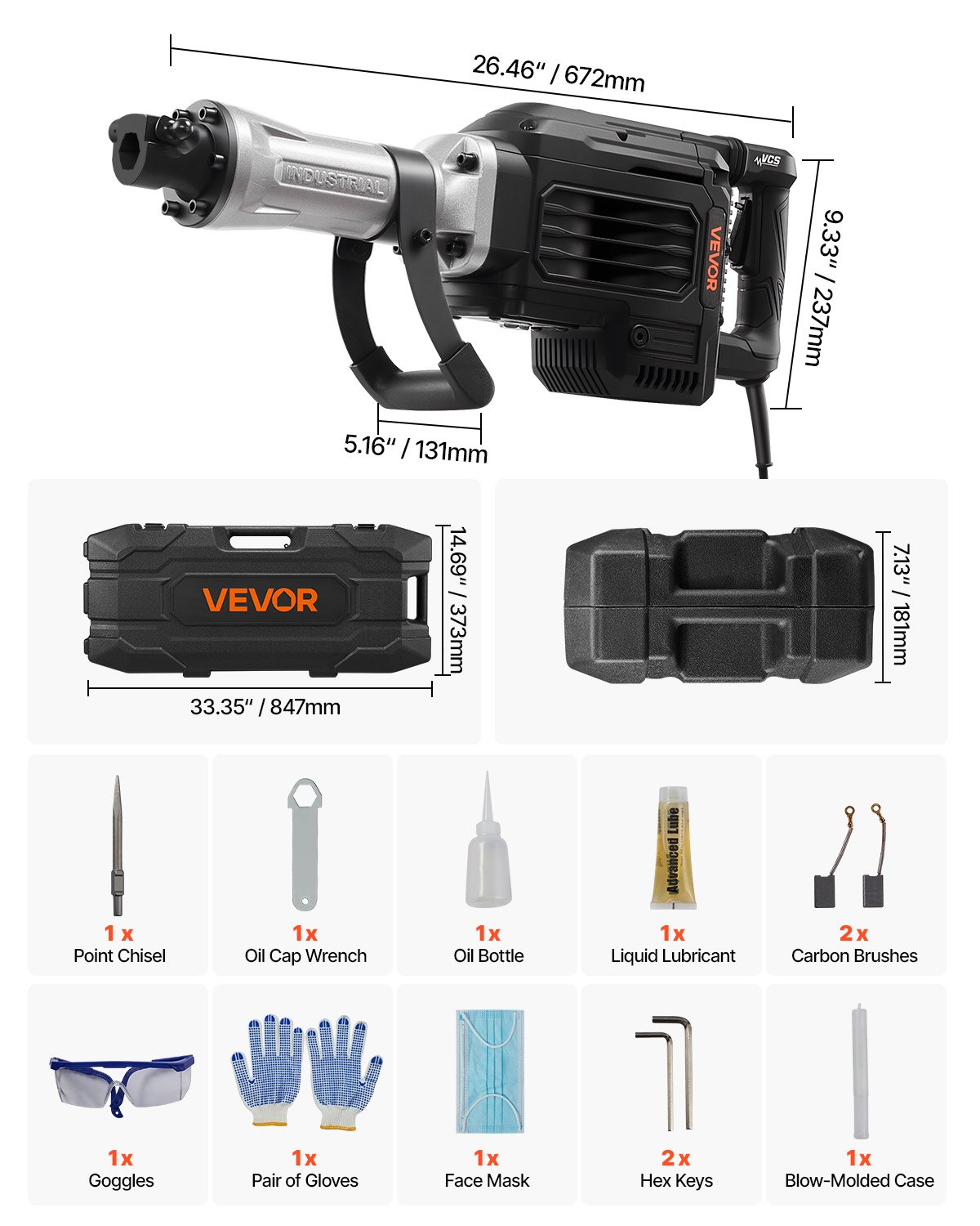 VEVOR Sloophamer 3000W Elektrische Betonhamer, 1700 BPM Drilboor met Puntbeitel & Draagtas & Handschoenen & Veiligheidsbril, voor Betonmuren, Bakstenen, Tegels, Funderingen Zwart