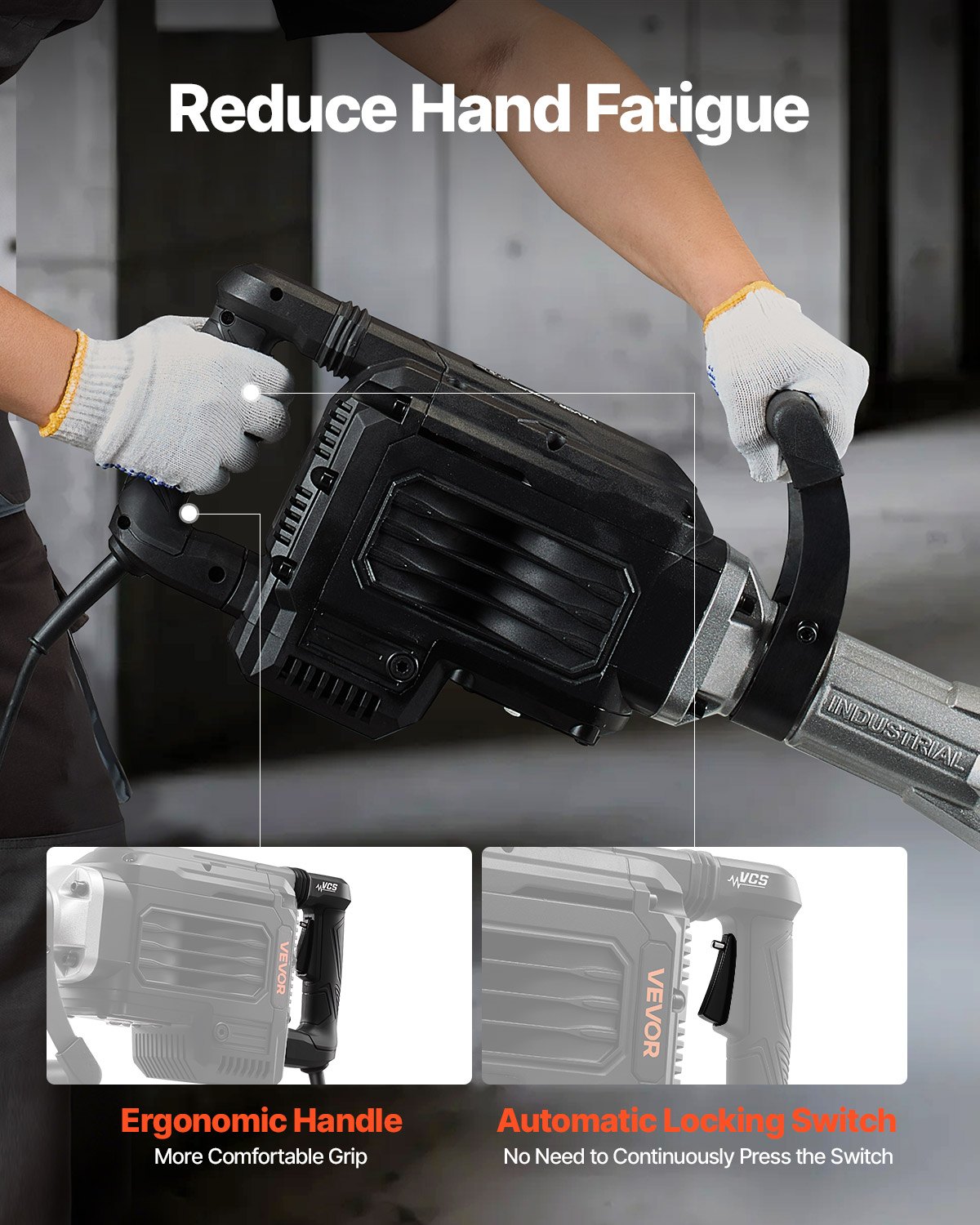 VEVOR sloophamer 3000 W elektrische betonhamer, 1700 slagen per minuut pneumatische hamer met puntbeitel, draagtas, handschoenen en veiligheidsbril, voor betonnen muren, bakstenen, tegels, funderingen, zwart