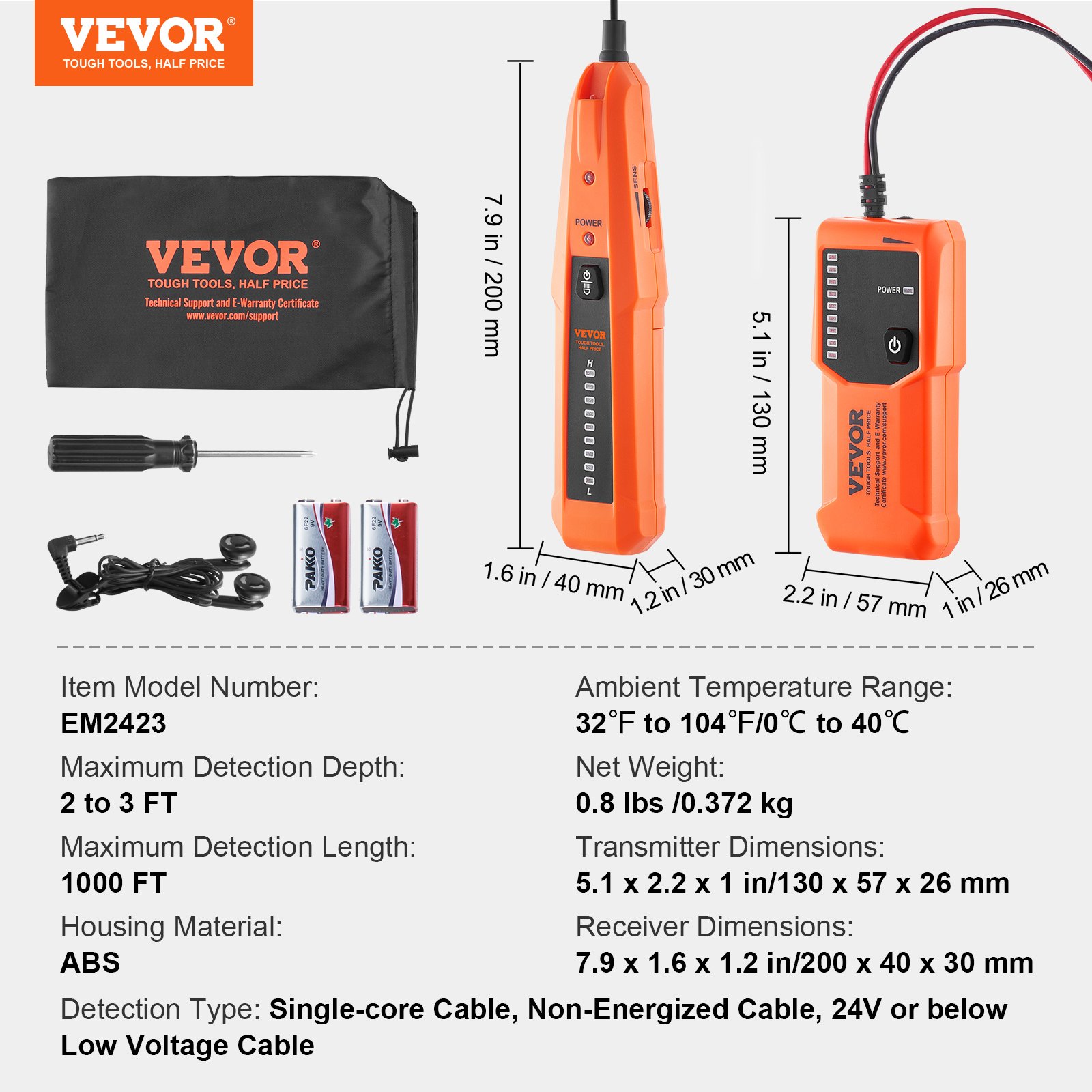 VEVOR Network Cable Tester, Max. 0.9 m Detection Depth, Cable Finder Cable Break Detector with Headphones, Max. 304.8 m Detection Length, Cable Testing Device for Pet Fences, Sprinkler Valve Irrigation
