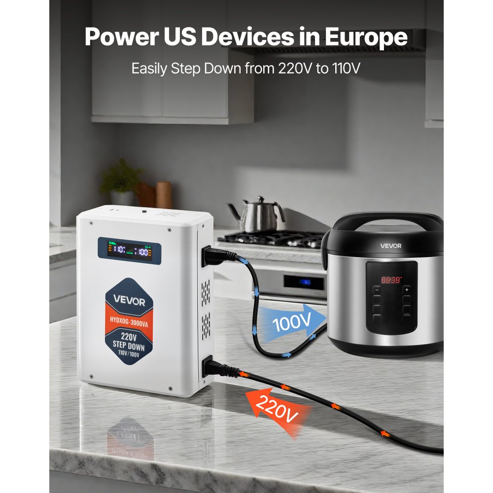 VEVOR 3000VA Step Down Voltage Converter, robuuste 220V naar 110V stroomtransformator met 2 Amerikaanse stopcontacten, USB-uitgang, LCD-scherm, temperatuurbeveiliging, voor 110V-apparaten