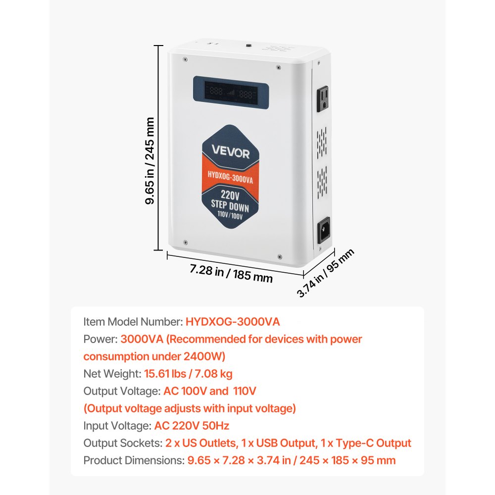VEVOR 3000VA Step Down Voltage Converter, robuuste 220V naar 110V stroomtransformator met 2 Amerikaanse stopcontacten, USB-uitgang, LCD-scherm, temperatuurbeveiliging, voor 110V-apparaten