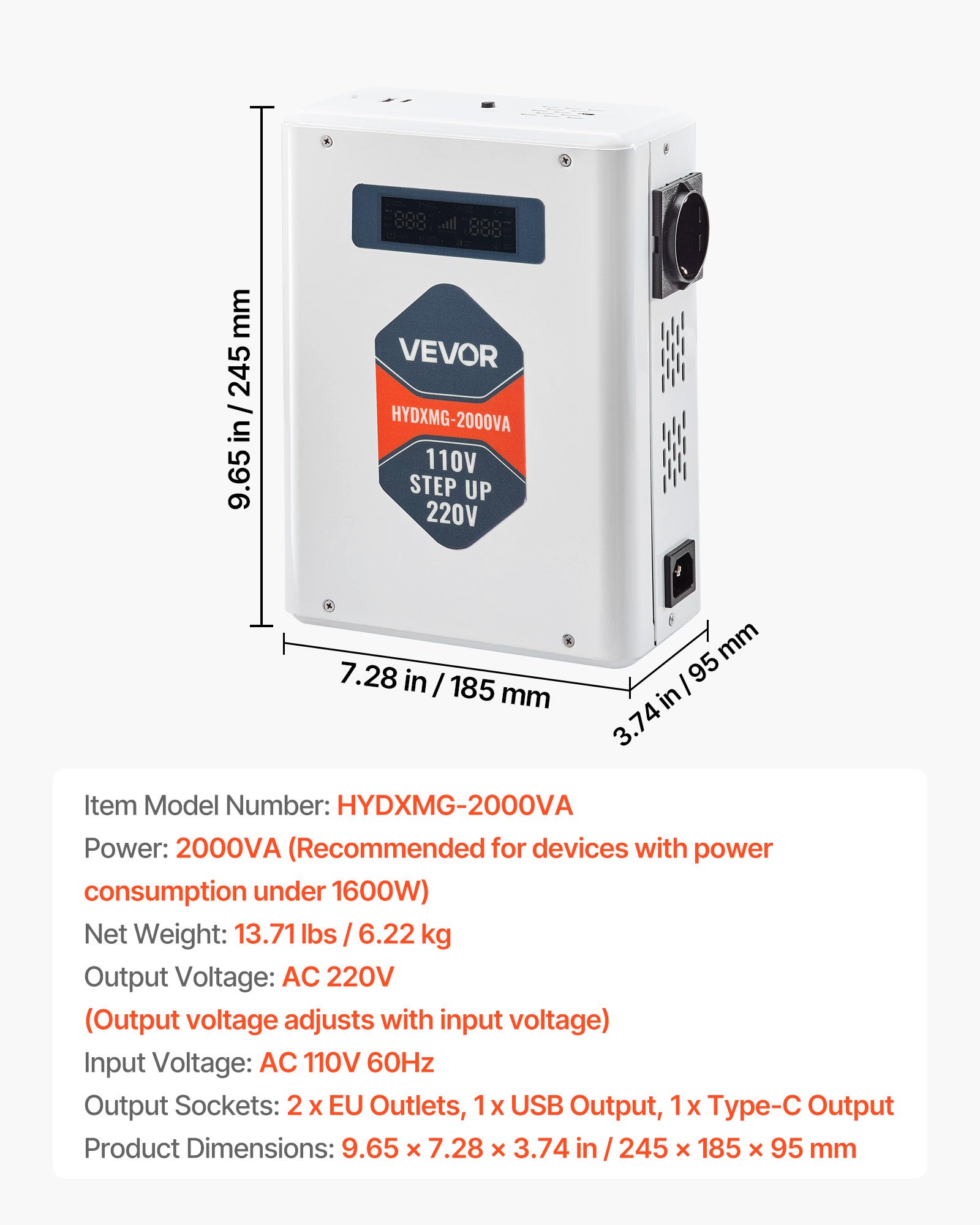 VEVOR 2000VA Step Up Voltage Converter, Heavy Duty Boost Converter, 110V naar 220V Power Transformer, met 2 EU-stopcontacten, USB-uitgang, LCD-scherm, temperatuurbeveiliging, voor 220V-apparaten