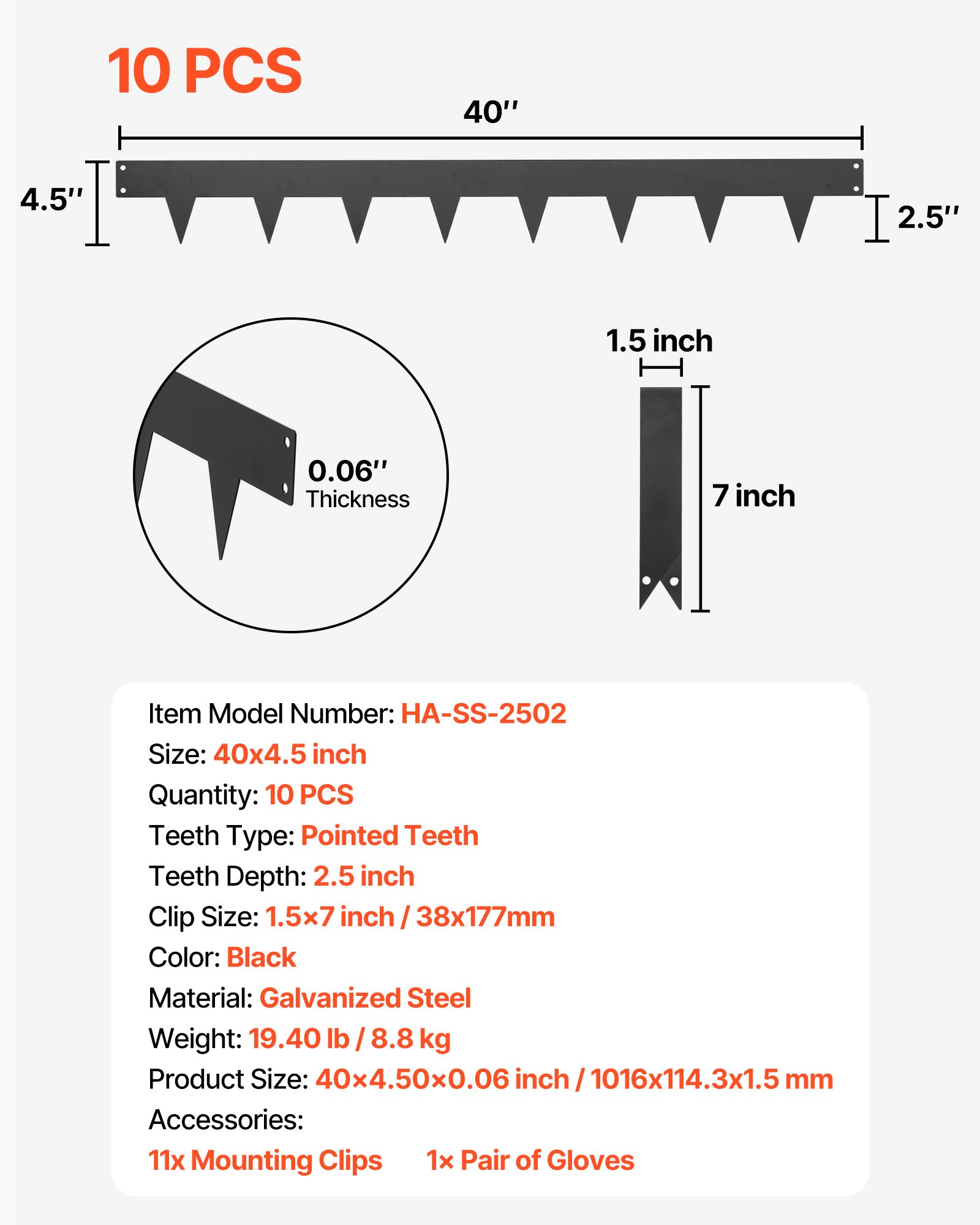 VEVOR Gazonrand, 10-delige set, 1016x114,3 mm, Bedrand met 11 bevestigingsclips, Gegalvaniseerde stalen bedrand, Gazonvellen, Maairand, Metalen palissade voor bloembedden en tuinpaden, Zwart