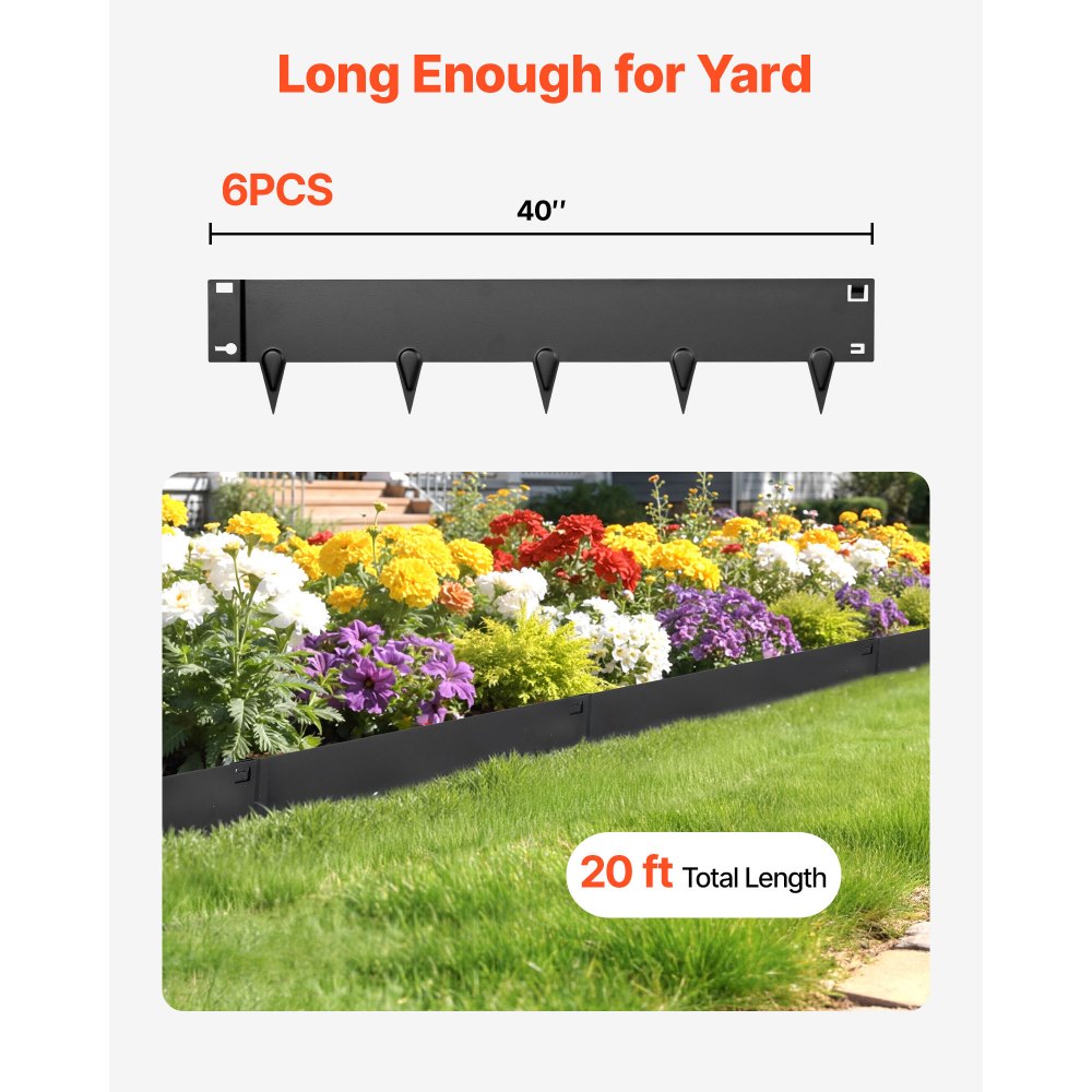 VEVOR Gazonrandafwerking 6-pack 1016x207 mm, gegalvaniseerde stalen randafwerking voor bloembedden, inclusief handschoenen, gazonvellen, maairand, metalen palissade, randafwerking voor bloembedden en tuinpaden