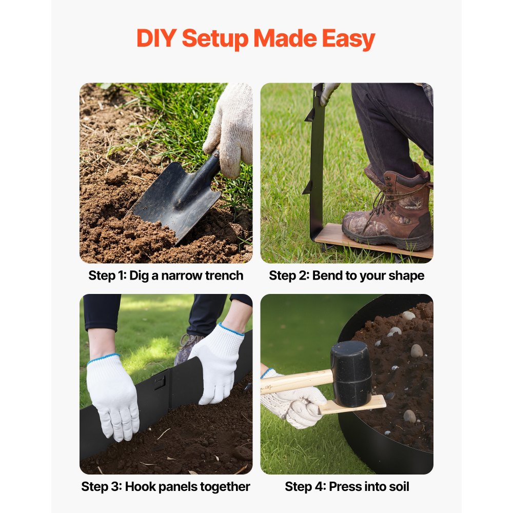 VEVOR Gazonrandafwerking 6-pack 1016x207 mm, gegalvaniseerde stalen randafwerking voor bloembedden, inclusief handschoenen, gazonvellen, maairand, metalen palissade, randafwerking voor bloembedden en tuinpaden