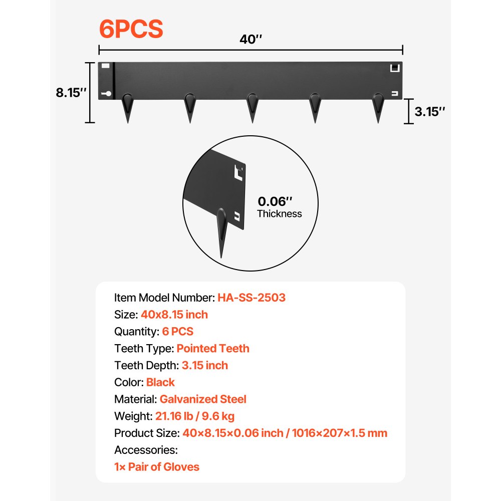 VEVOR Gazonrandafwerking 6-pack 1016x207 mm, gegalvaniseerde stalen randafwerking voor bloembedden, inclusief handschoenen, gazonvellen, maairand, metalen palissade, randafwerking voor bloembedden en tuinpaden