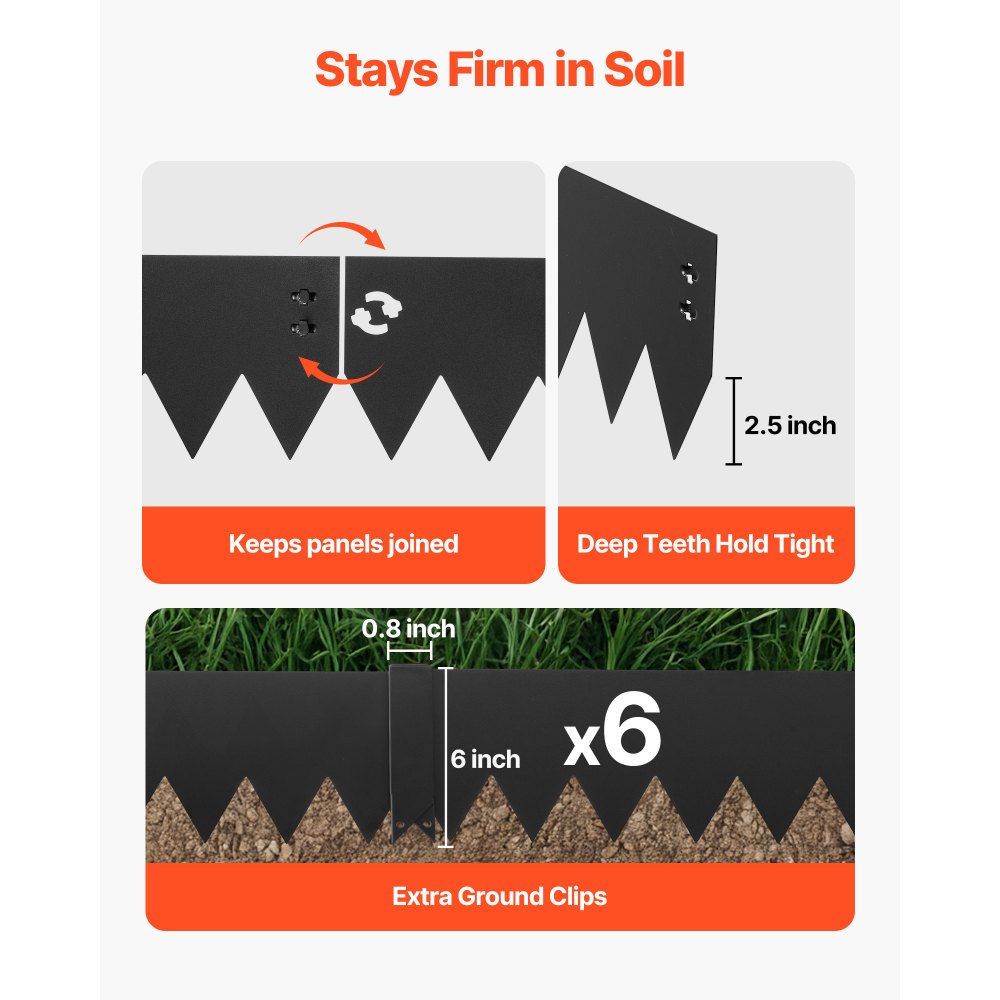 VEVOR Gazonrandafwerking 6-pack 1016x152 mm, Bedrandafwerking met 6 bevestigingsclips, Gegalvaniseerde stalen gazonplaten, Maairand, Metalen palissade, Bedrand voor bloemperken en tuinpaden, Zwart