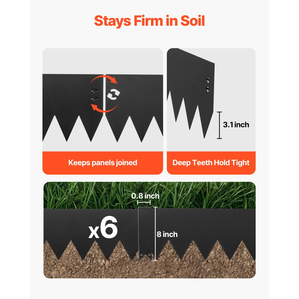 VEVOR Gazonrand 6-pack 1016x203 mm, Bedrand met 6 bevestigingsclips, Flexibele gazonrand van gegalvaniseerd staal, Maairand, Palissade-bedrand voor bloemperken en tuinpaden, Zwart