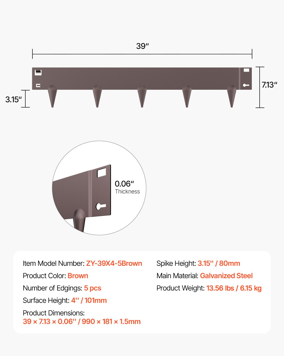 VEVOR Gazonrand, 5-delige set, 990x181x1,5 mm, Bedrand, Flexibele Bedrand, Tuinrand, Robuuste Tuinafscheiding, Eenvoudig te installeren, Afscheiding voor Bloemperken, Tuinpaden, Bruin